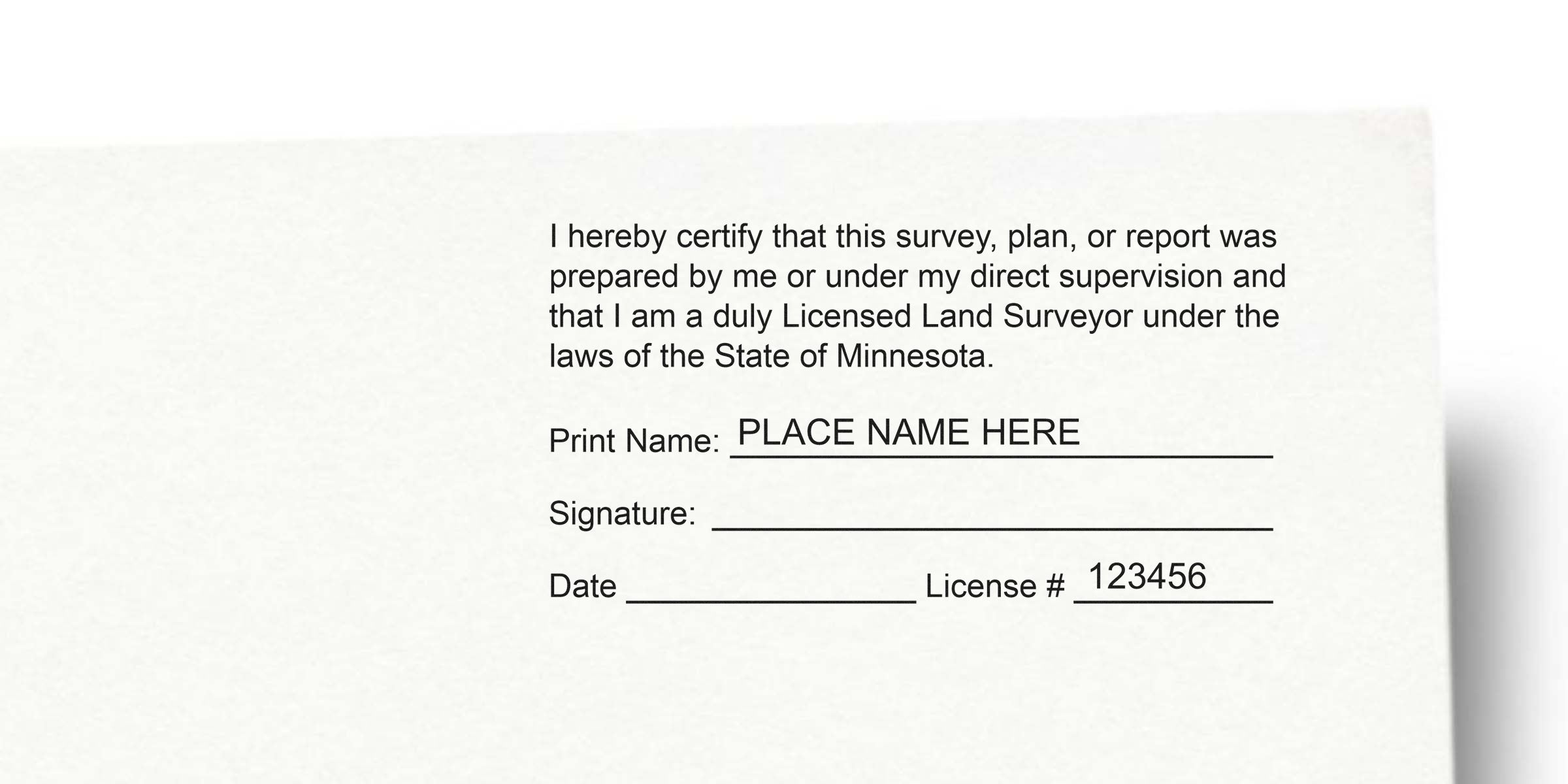 Licensed Land Surveyor form with Minnesota seal, signature, license number, and seal design for Minnesota land survey services.
