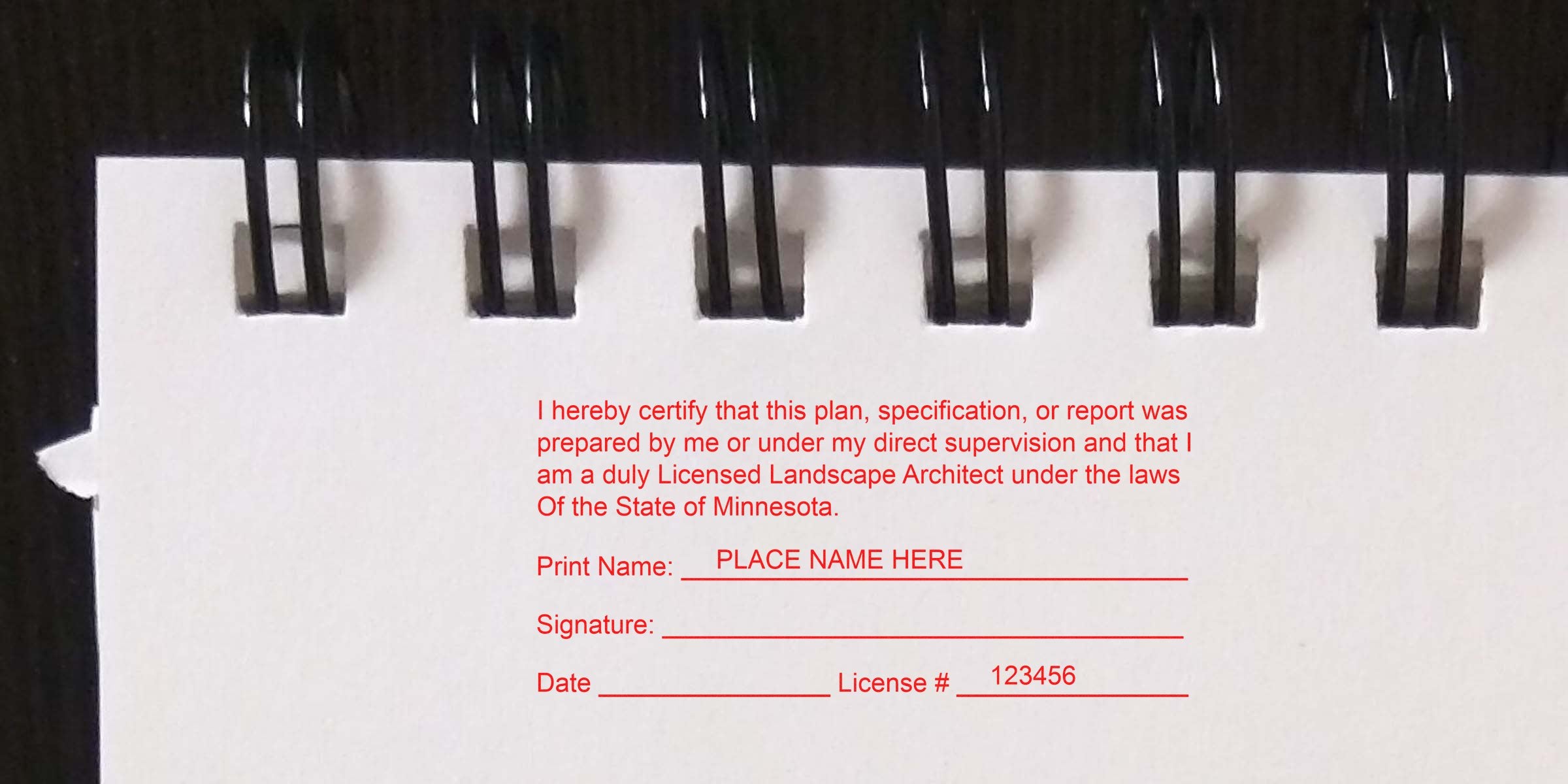 Licensed Landscape Architect form with Minnesota stamp, signature, license number, and licensing tips.