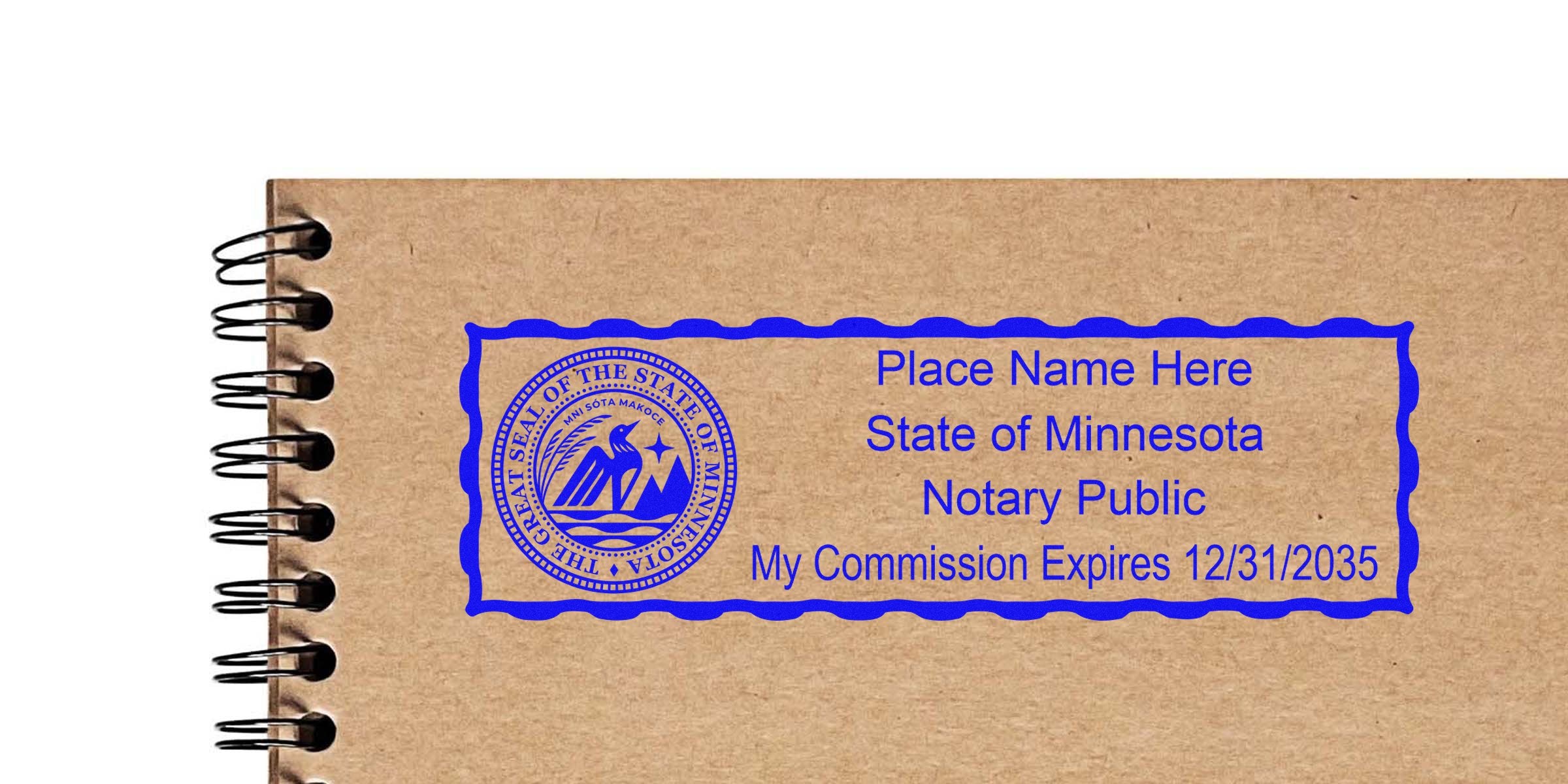 Minnesota notary stamp with state seal and commission expiry on brown notebook; purchase Minnesota notary stamp.