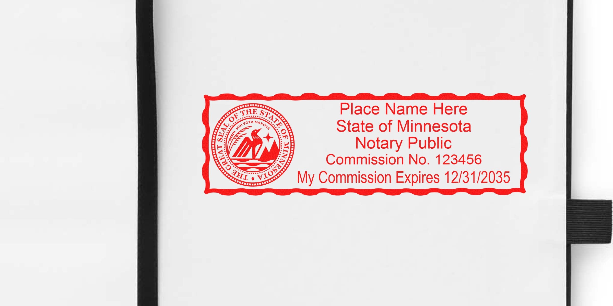 Minnesota notary stamp with state seal and commission expiration on white paper, showing notary seal expiration and tracking details.