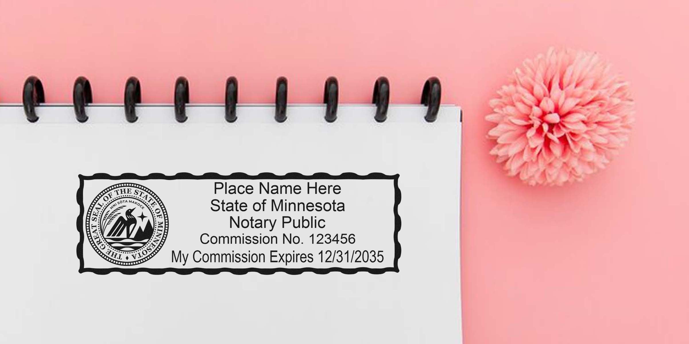 Minnesota notary public stamp with commission number and expiration date on white notebook, pink background, flower; part of Minnesota notary kit and starter essentials.