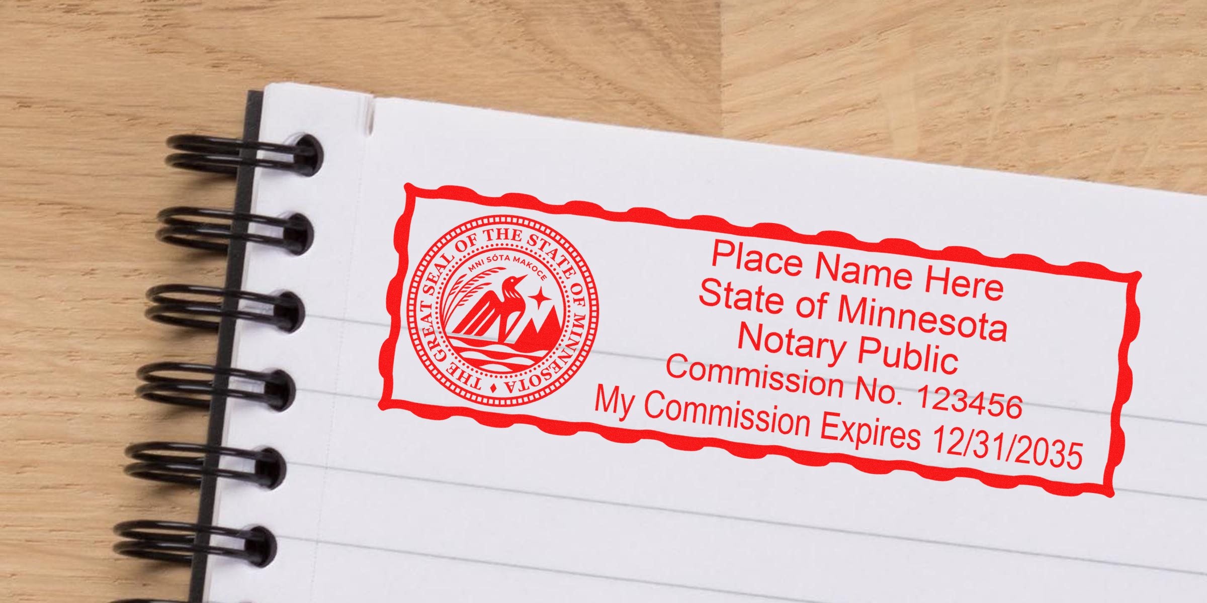 Minnesota notary stamp with commission number and expiration date on a notebook page, showing a typical notary stamp format.