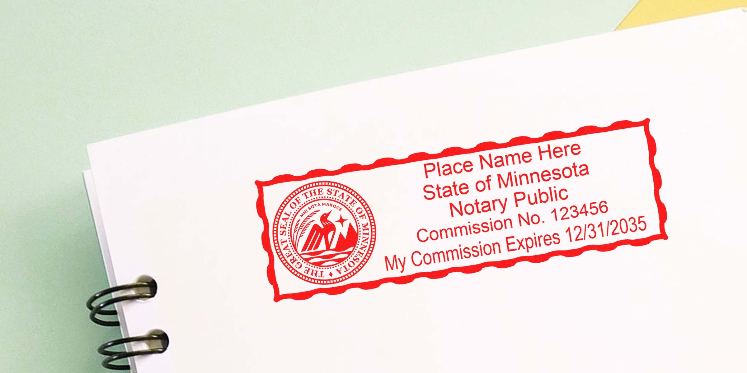 Minnesota notary seal with a reliable stamp showing commission number and expiration date on white paper.