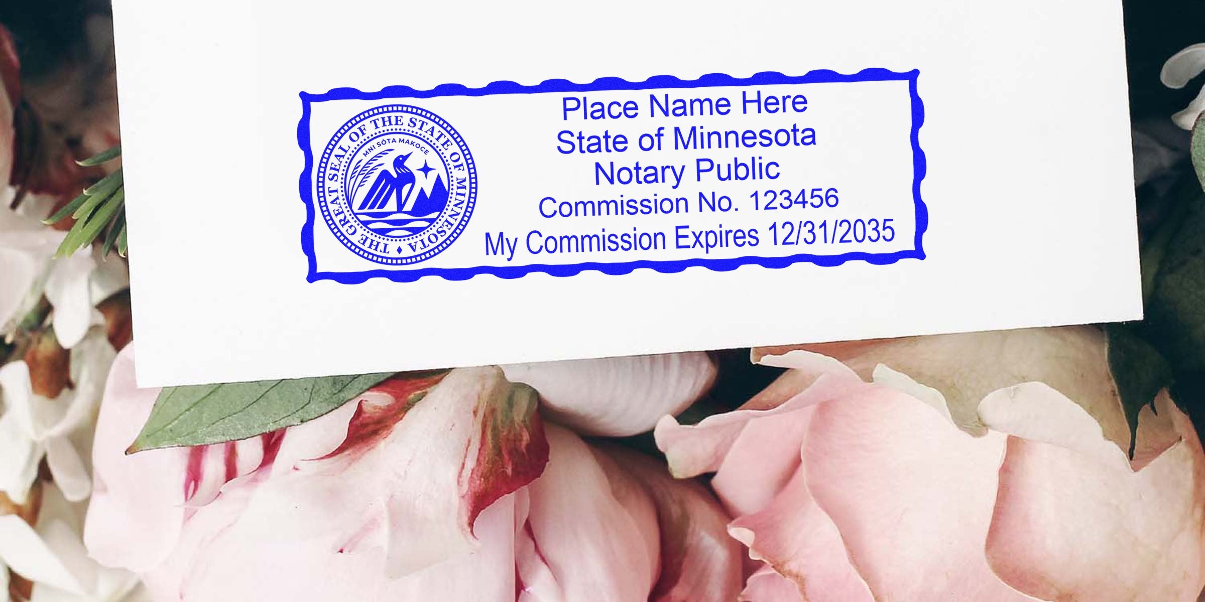 Minnesota notary public stamp on white paper with pink flowers, showcasing MN notary supplies and essential practice tools.