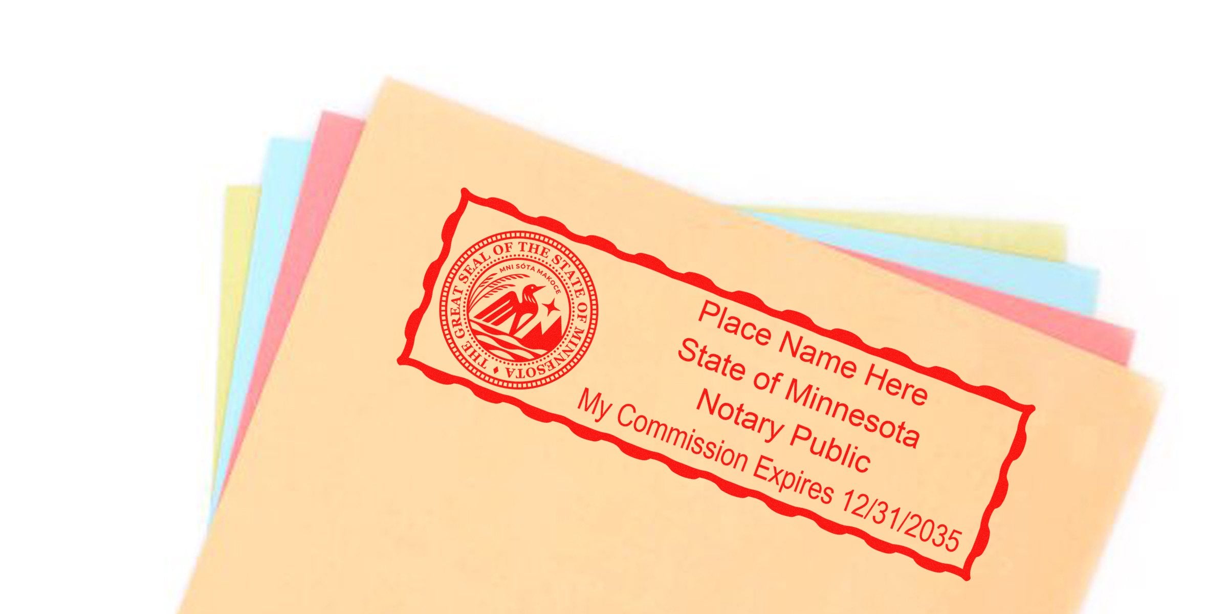 Minnesota notary stamp on vibrant envelopes, showing a self-inking stamp with commission expiration date.