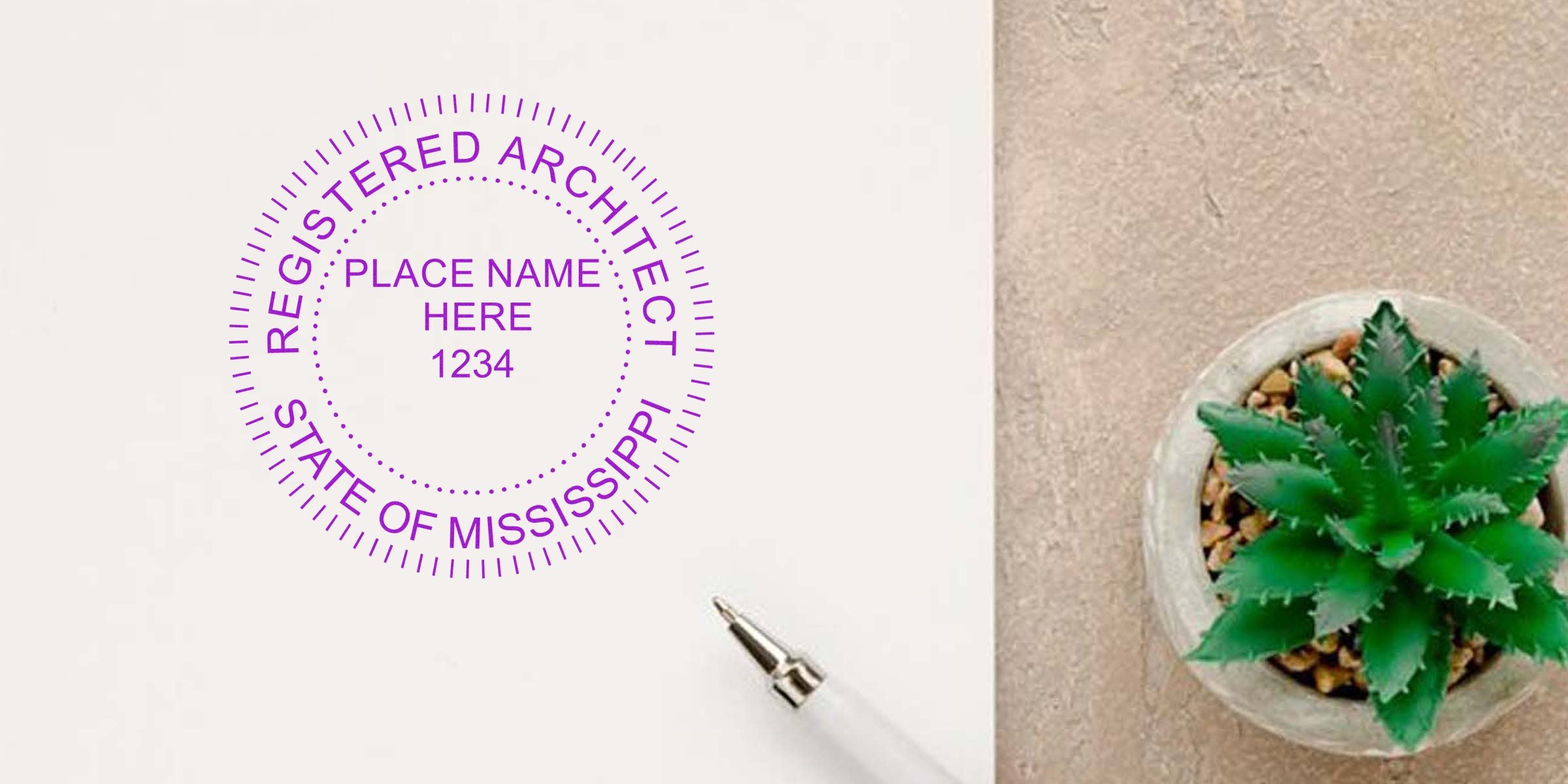 Mississippi architect stamp on white paper with pen and green succulent on beige surface, showing the architect stamp ordering process.