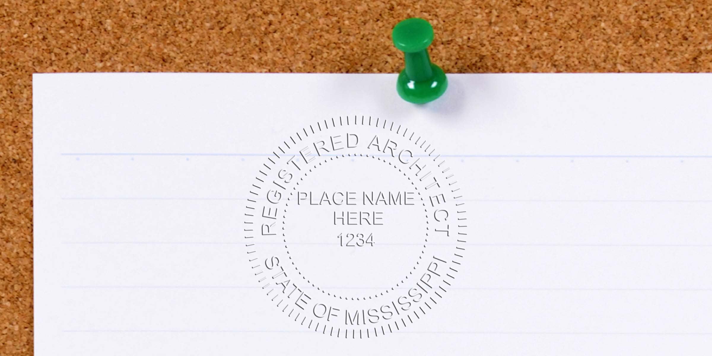 Registered architect seal on corkboard with Mississippi architect stamp and professional certification mark, highlighting the architect’s stamp design.