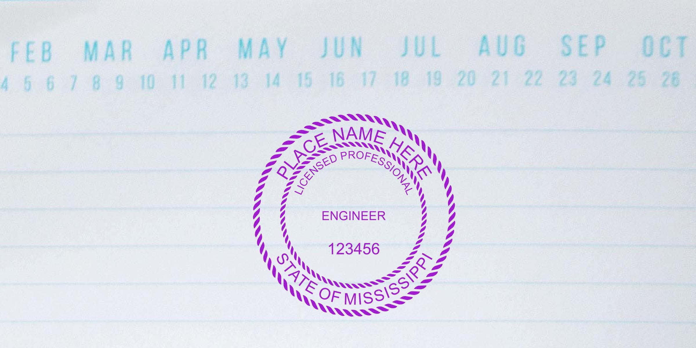 Mississippi engineer stamp with licensed professional engineer seal on calendar background. Order your Mississippi engineer stamp today.