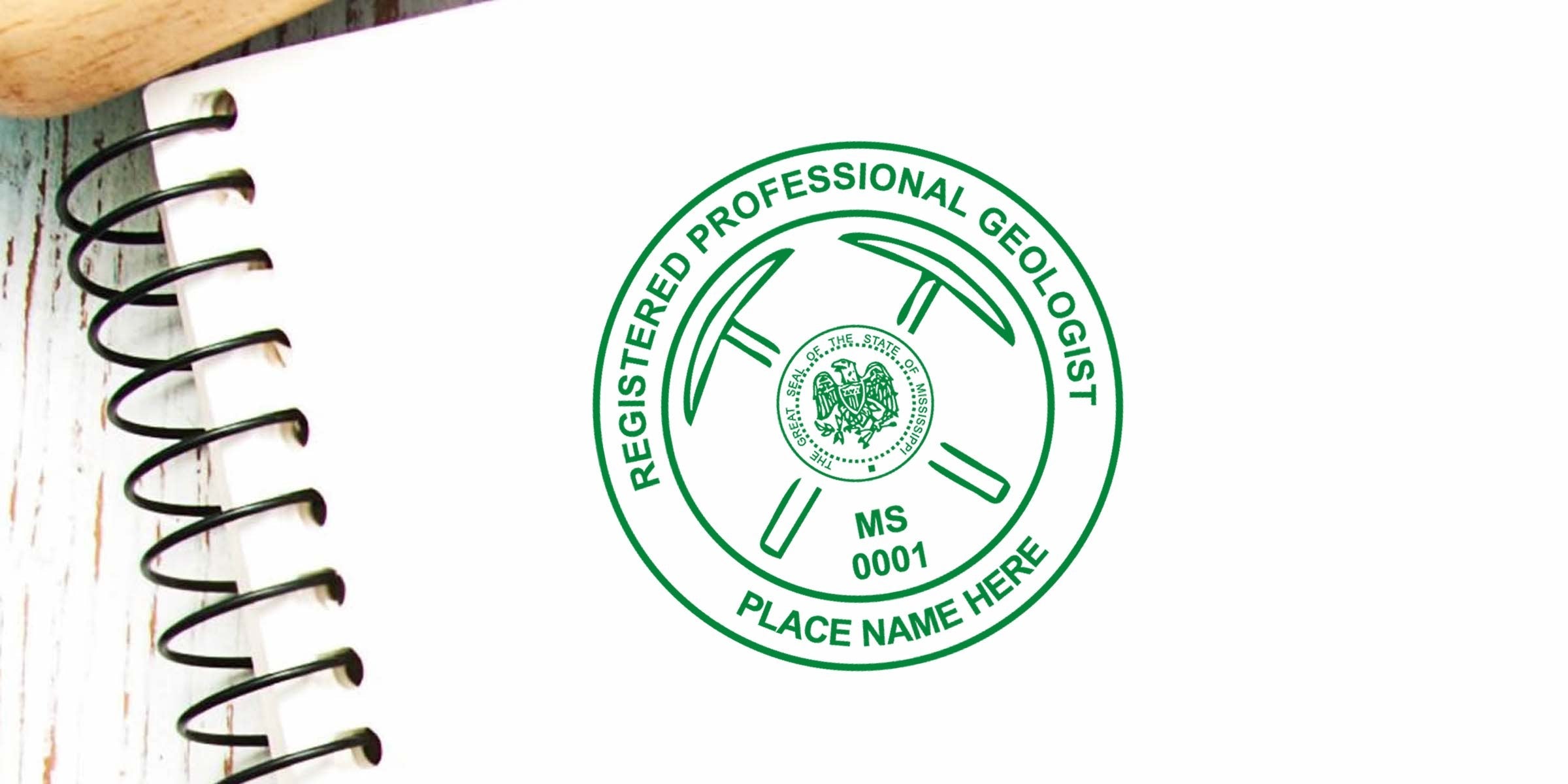 Mississippi Licensed Geologist Seal with Registered Professional Geologist emblem on spiral notebook background, showing quick steps to obtain the Geologist Seal fast.