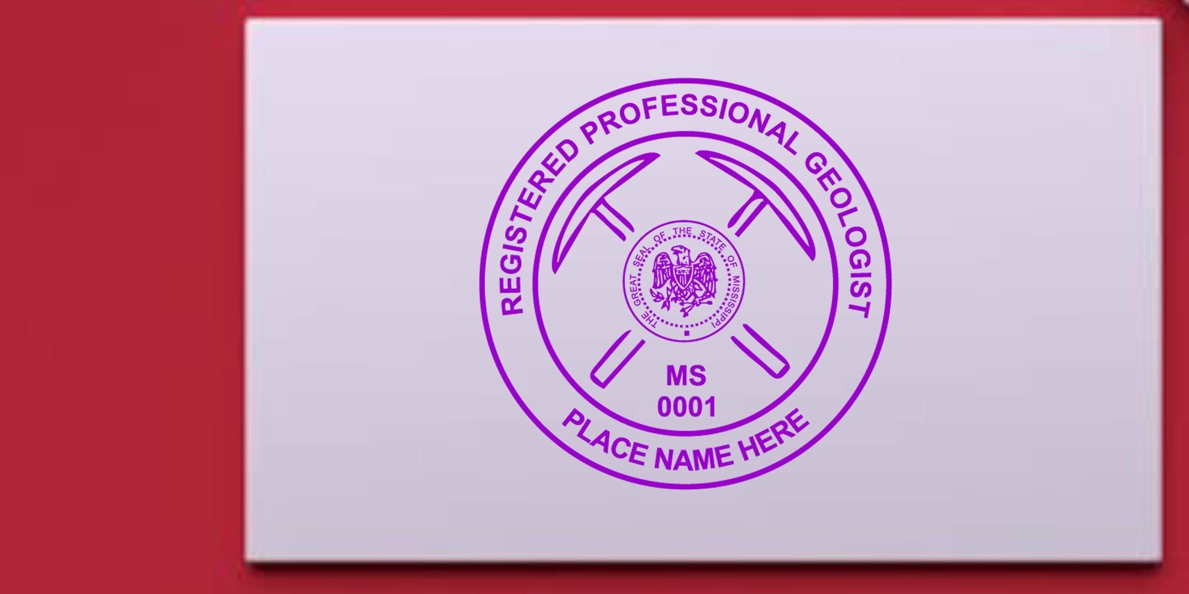 Mississippi Professional Geologist Stamp with Registered Professional Geologist seal, crossed pickaxes, and state emblem on white background, symbolizing Geologist Certification in Mississippi.