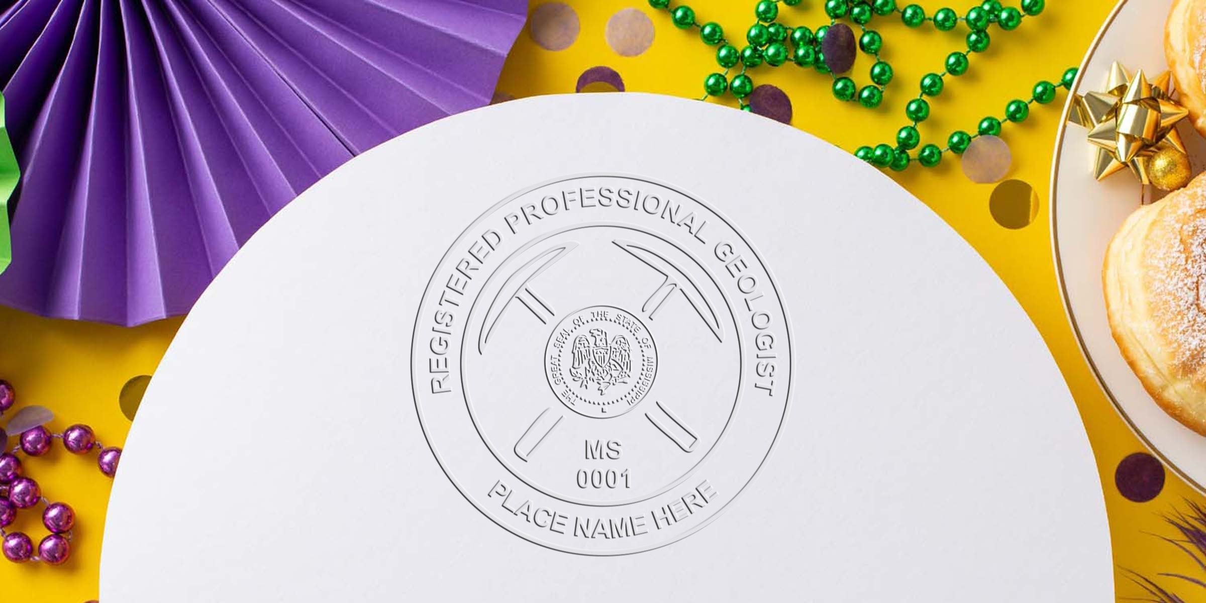 Mississippi Geologist Seal embossed on white paper, surrounded by Mardi Gras decorations and powdered donuts on a yellow background, symbolizing Mississippi geological certification.