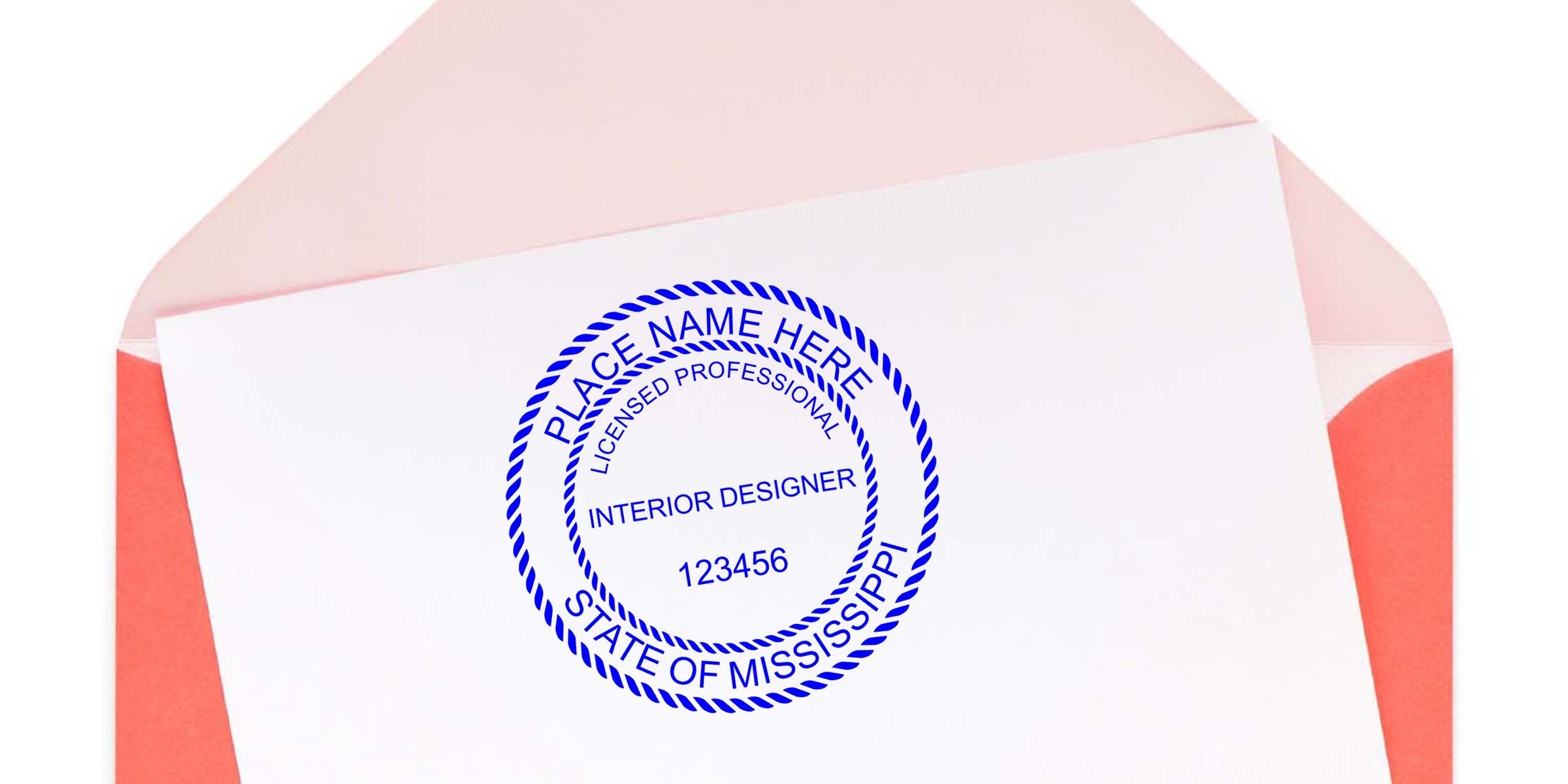 Mississippi interior designer license stamp on white paper with pink and red envelope background, highlighting stamp requirements for the interior designer license.