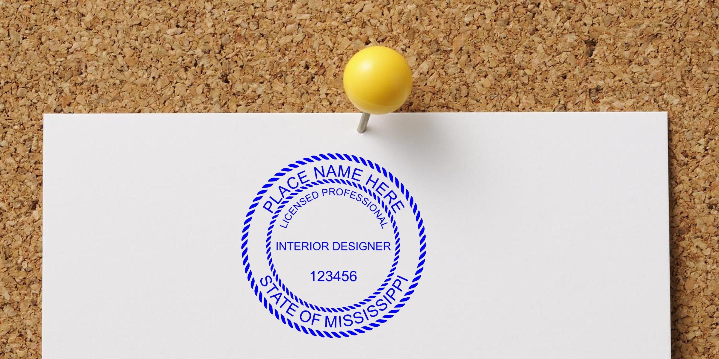 Licensed interior designer stamp on corkboard with yellow pushpin, showing Mississippi certification seal and interior designer stamp.