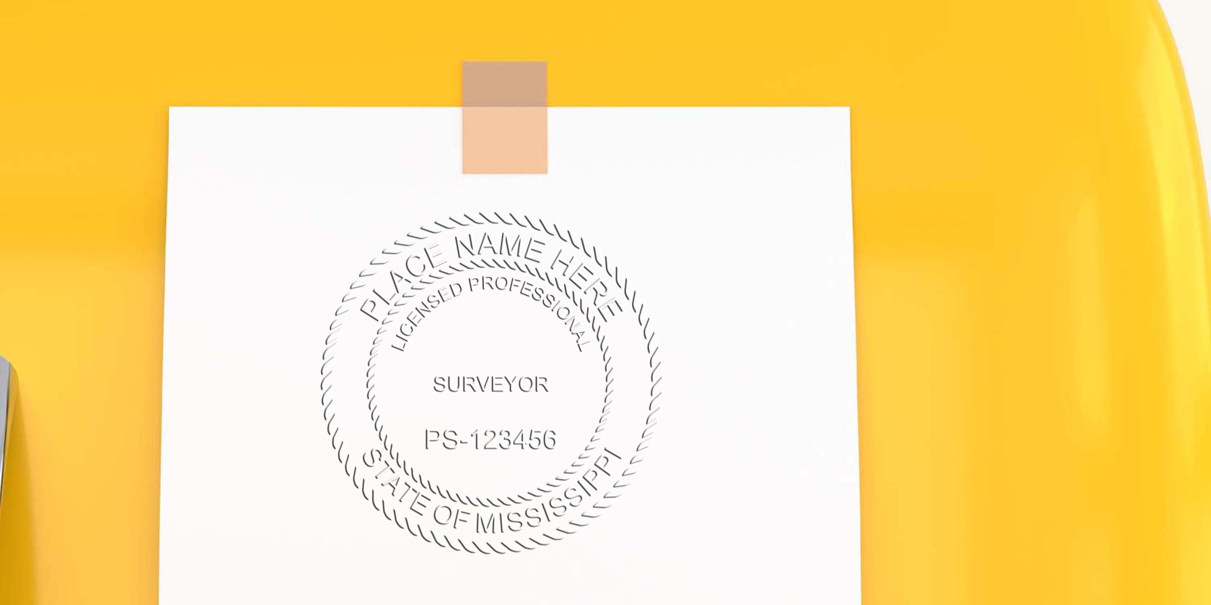 Licensed professional surveyor stamp on white paper with Mississippi land surveyor seal and certification for land surveying services.