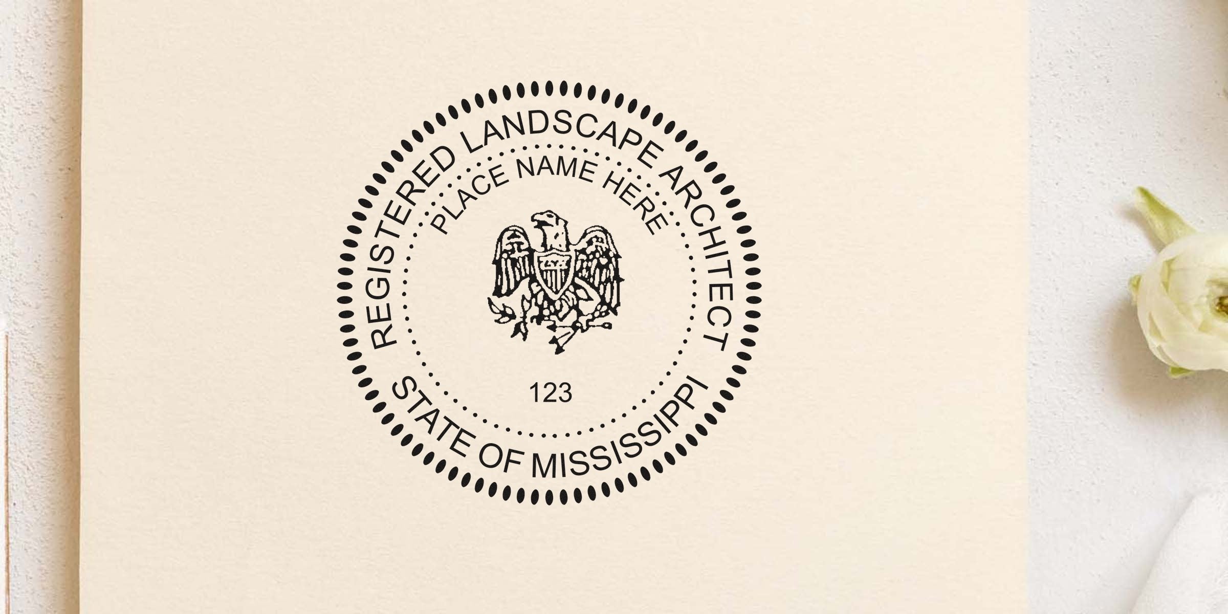 Mississippi landscape architect seal with eagle emblem on cream paper, part of the stamp products collection.