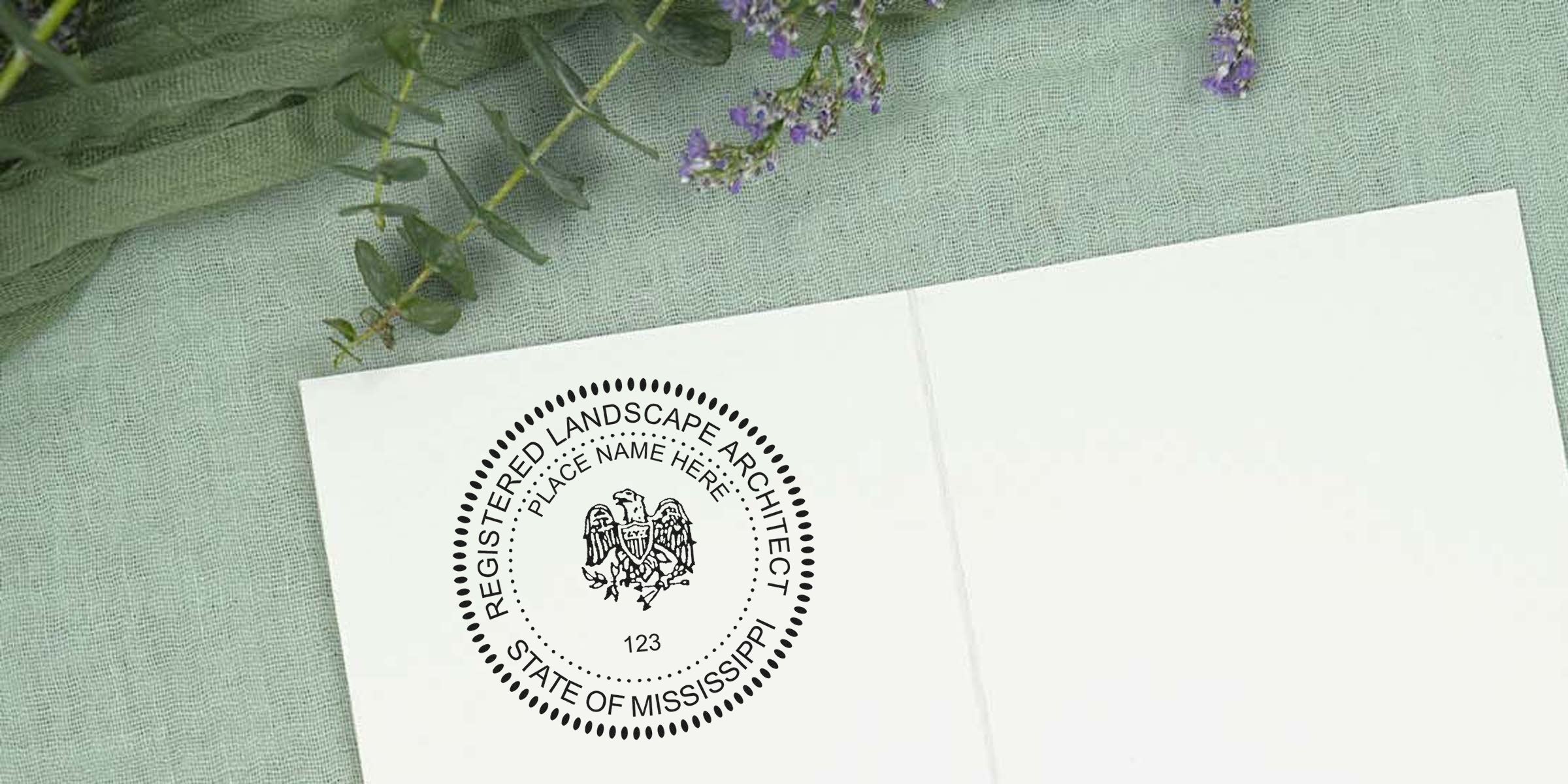 Mississippi landscape architect stamp on paper with state emblem and floral background, following stamp design guidelines.