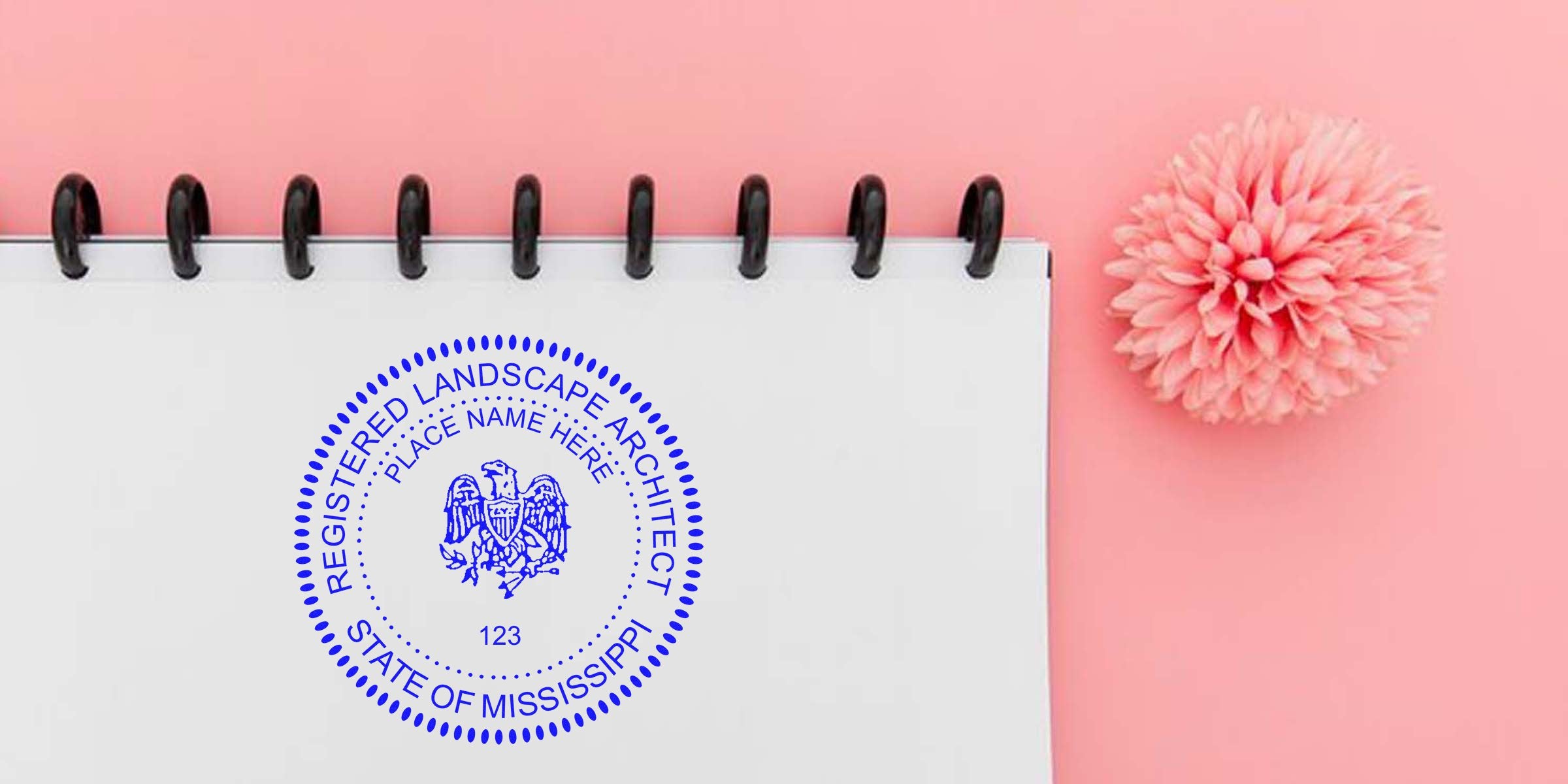 Mississippi Landscape Seal embossed on notebook with pink flower background, showing Registered Landscape Architect seal and Landscape Certification Tips.