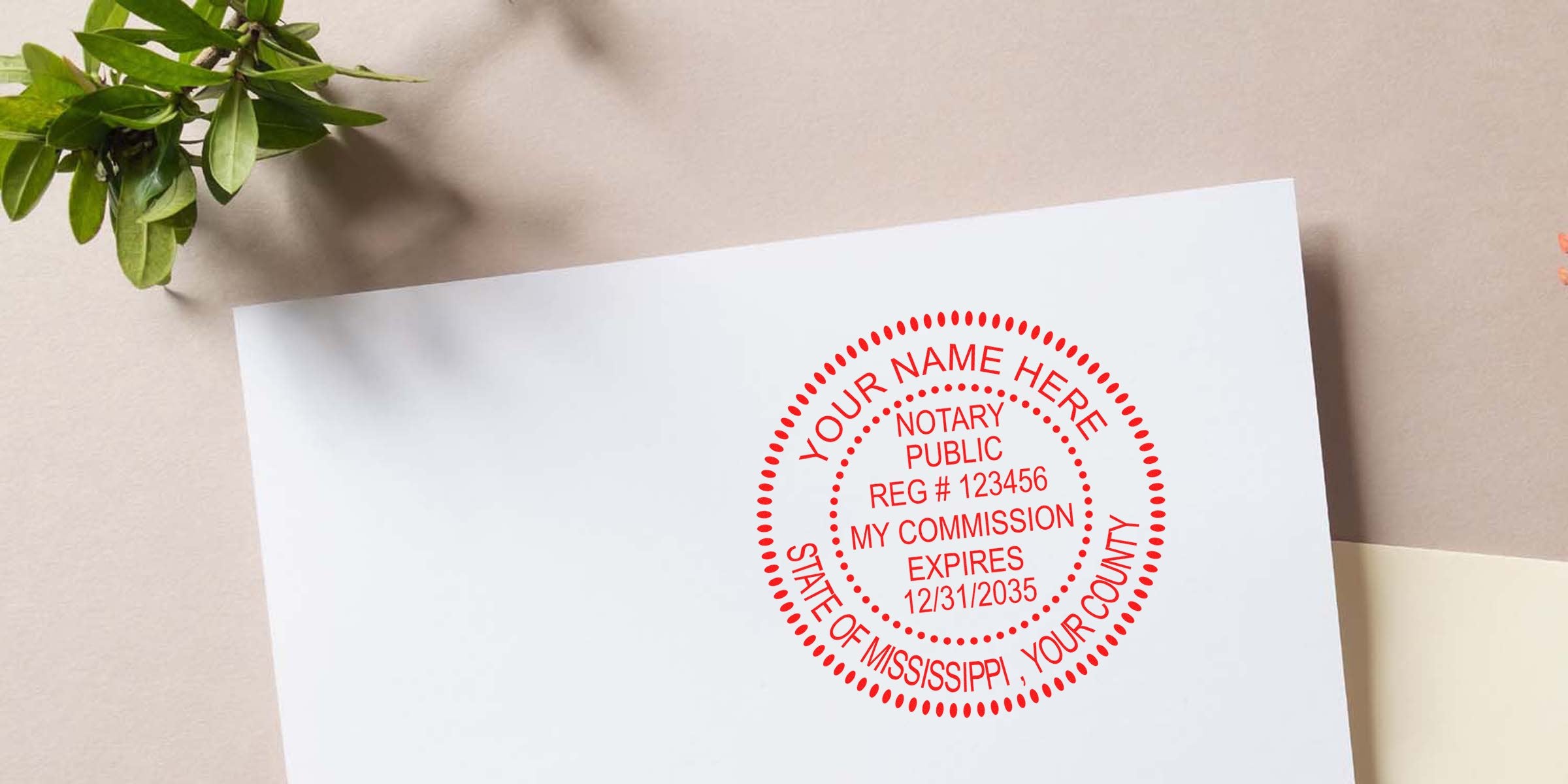 Mississippi Notary Public Seal custom stamp on white paper displaying registration number and expiration date, compliant with Mississippi Notary Seal Requirements.