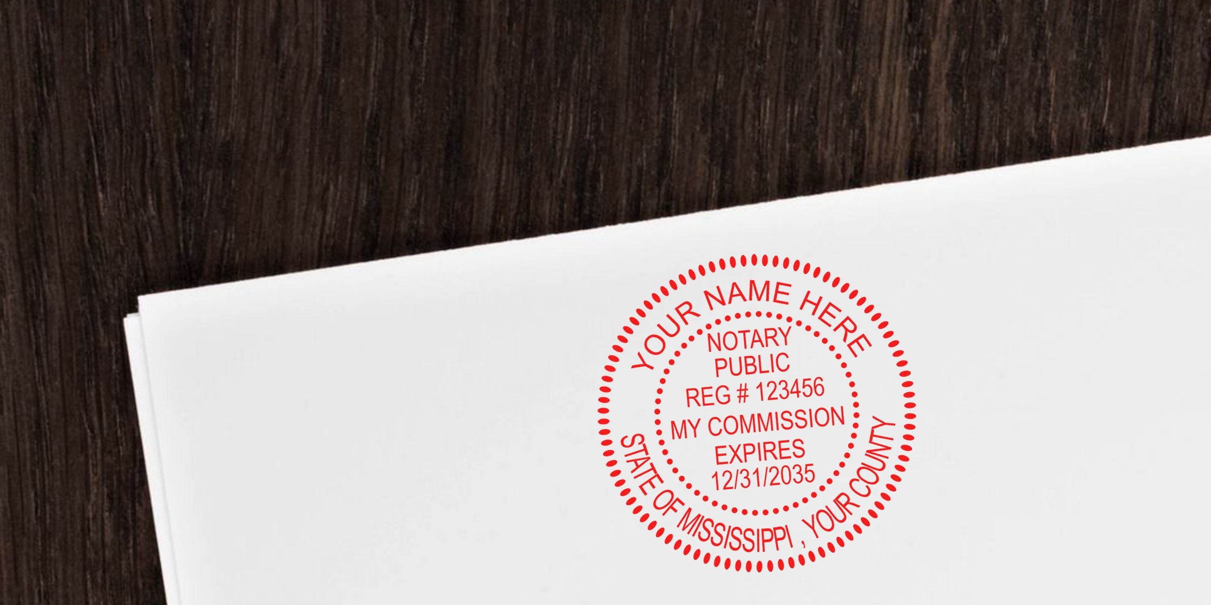 Red Mississippi notary stamp on white paper, used to verify notary commission expiration per the notary stamp guide.