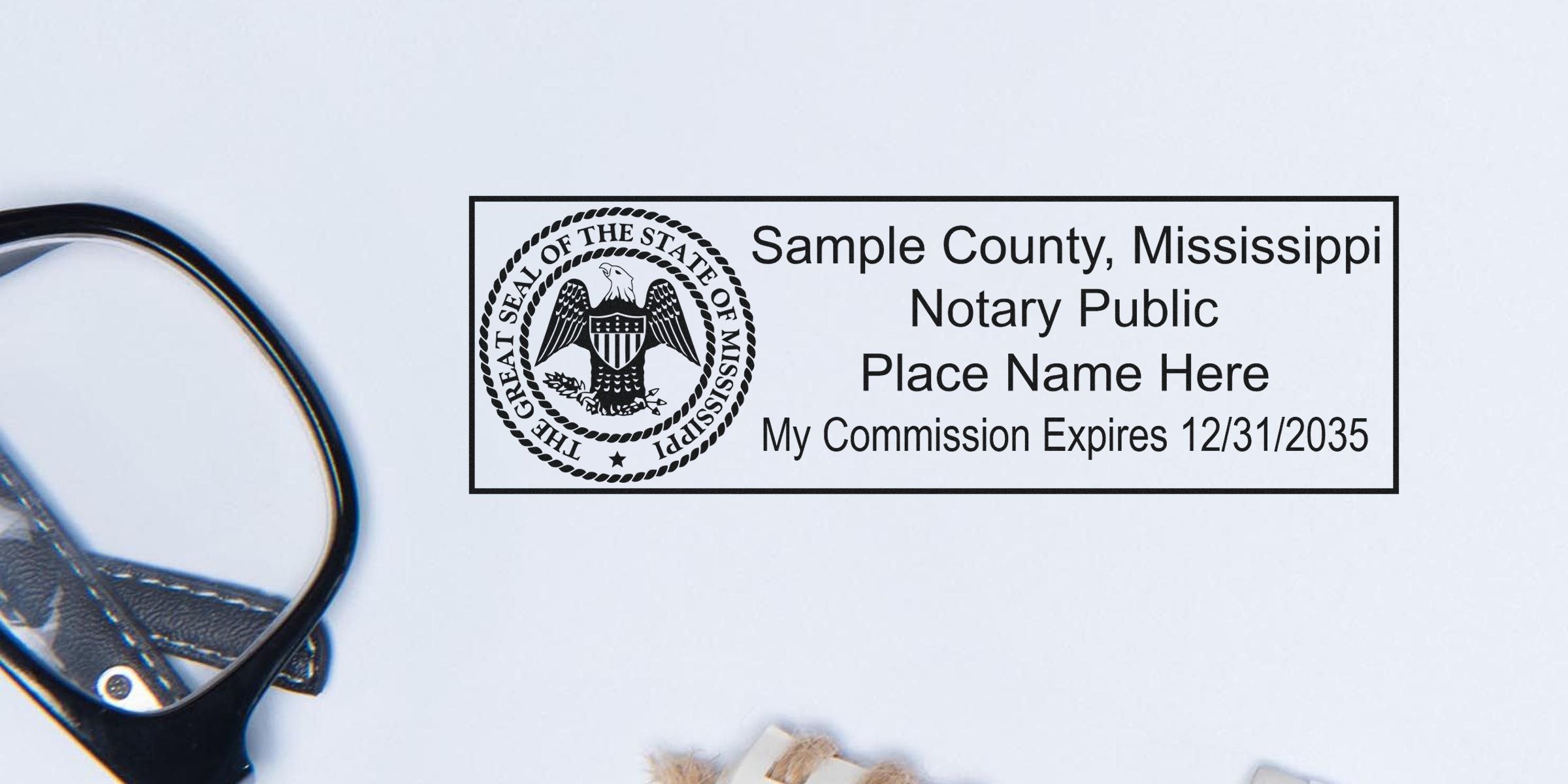 Mississippi notary public stamp with commission expiration date and state seal, included in a complete Mississippi notary kit with essential supplies.