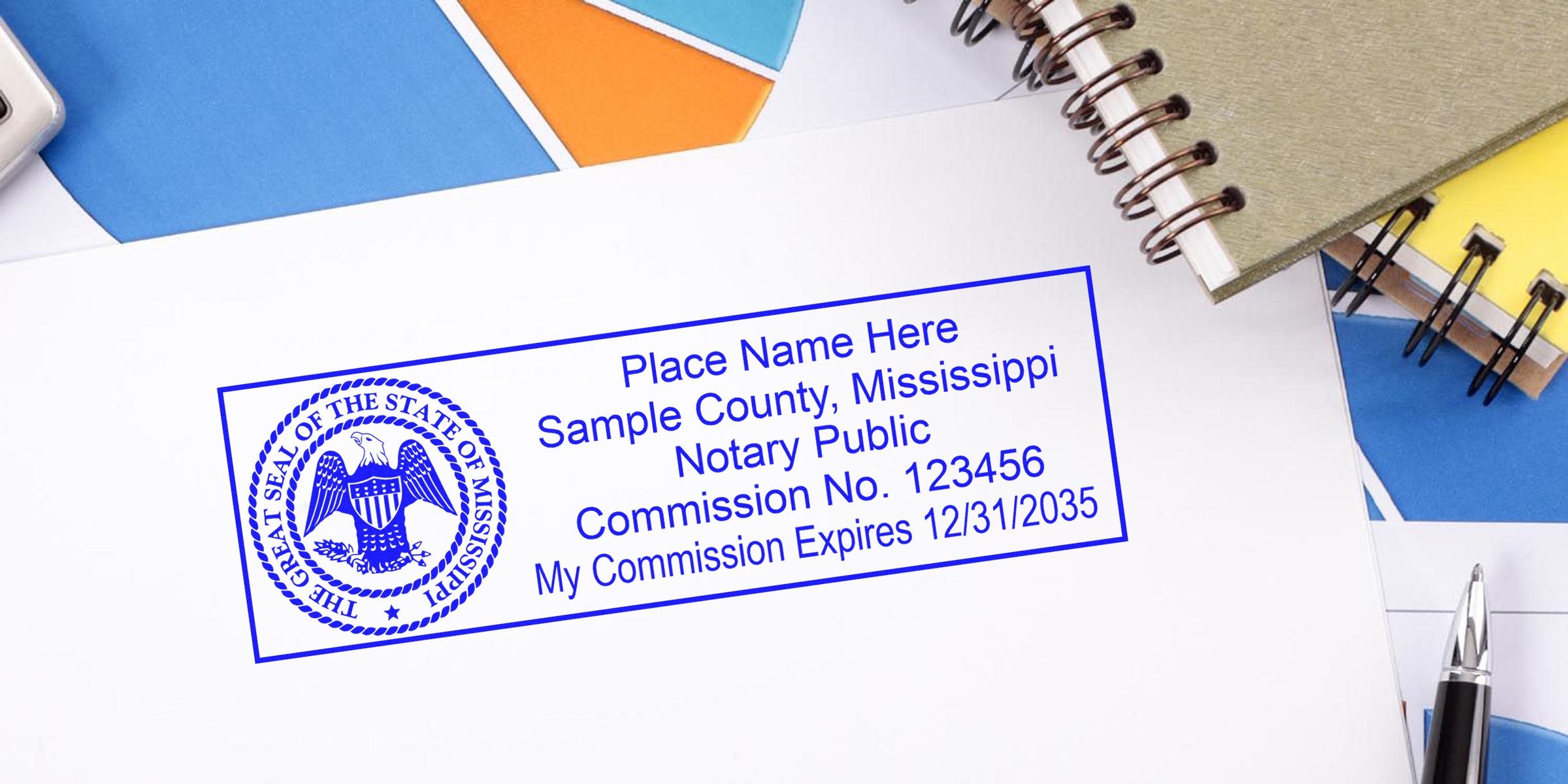 Mississippi notary public stamp with commission number and expiration date on white paper, surrounded by affordable Mississippi notary supplies and essential tools.