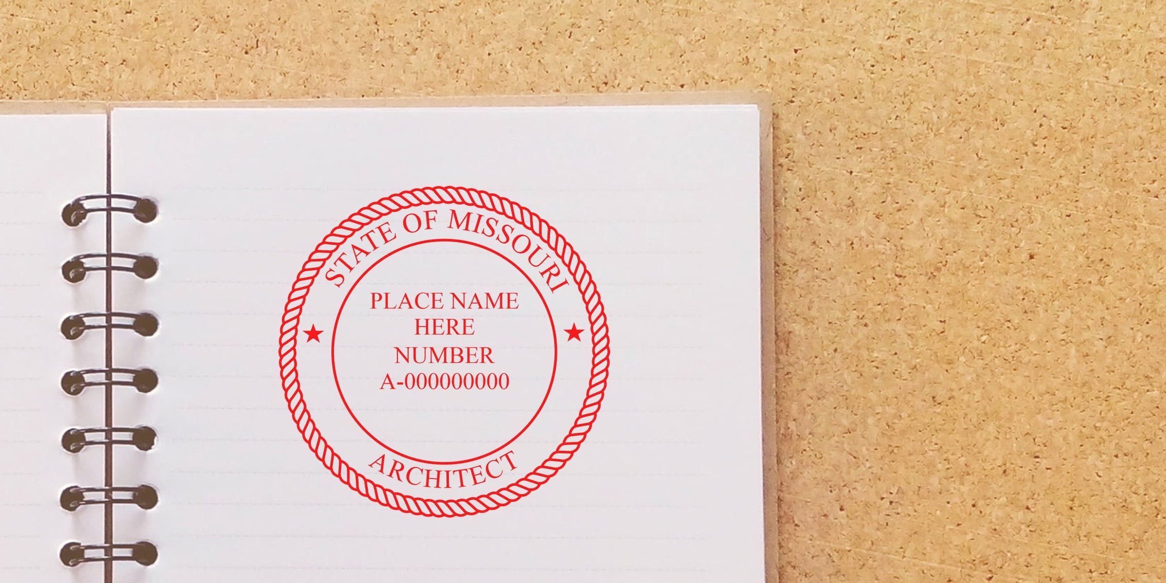 Professional architect stamp Missouri on notebook paper with architect seal for license verification.