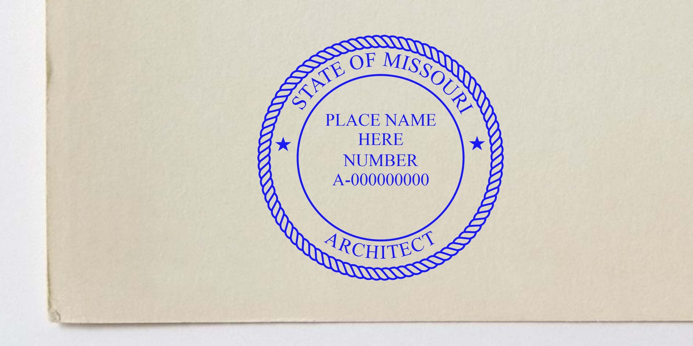 Missouri architect seal stamped on paper for professional license certification per Missouri seal stamping guidelines.