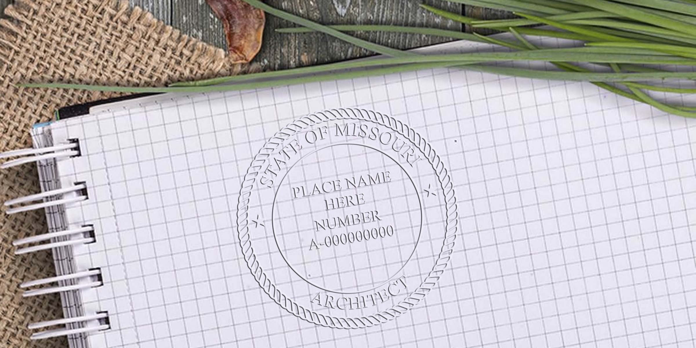 Embossed Missouri architect seal on graph paper notebook, surrounded by natural decor, with custom stamps for Missouri architects.