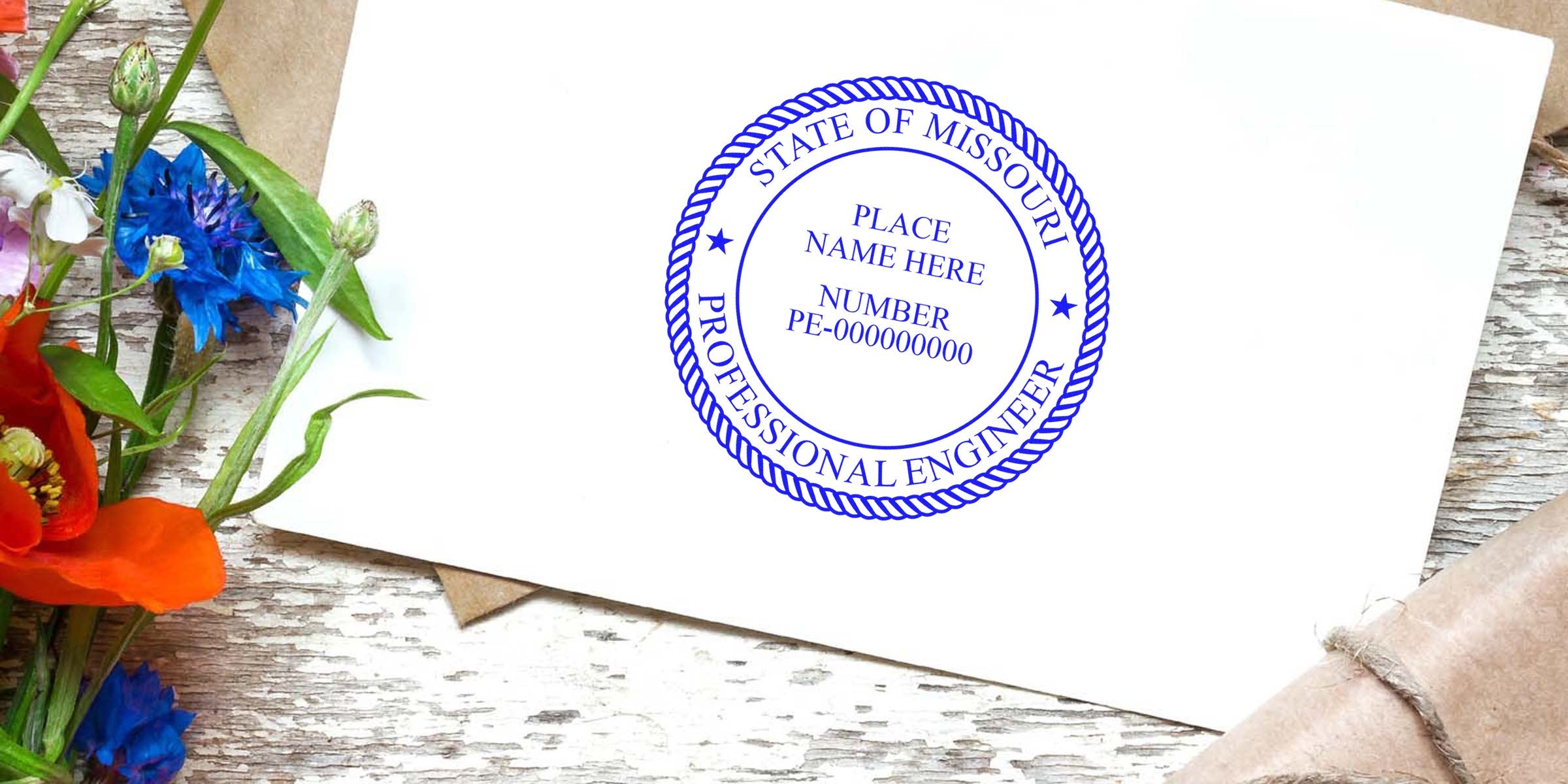 Missouri Professional Engineer seal on white paper with colorful flowers on a rustic wooden table, related to the Missouri PE Stamp application.