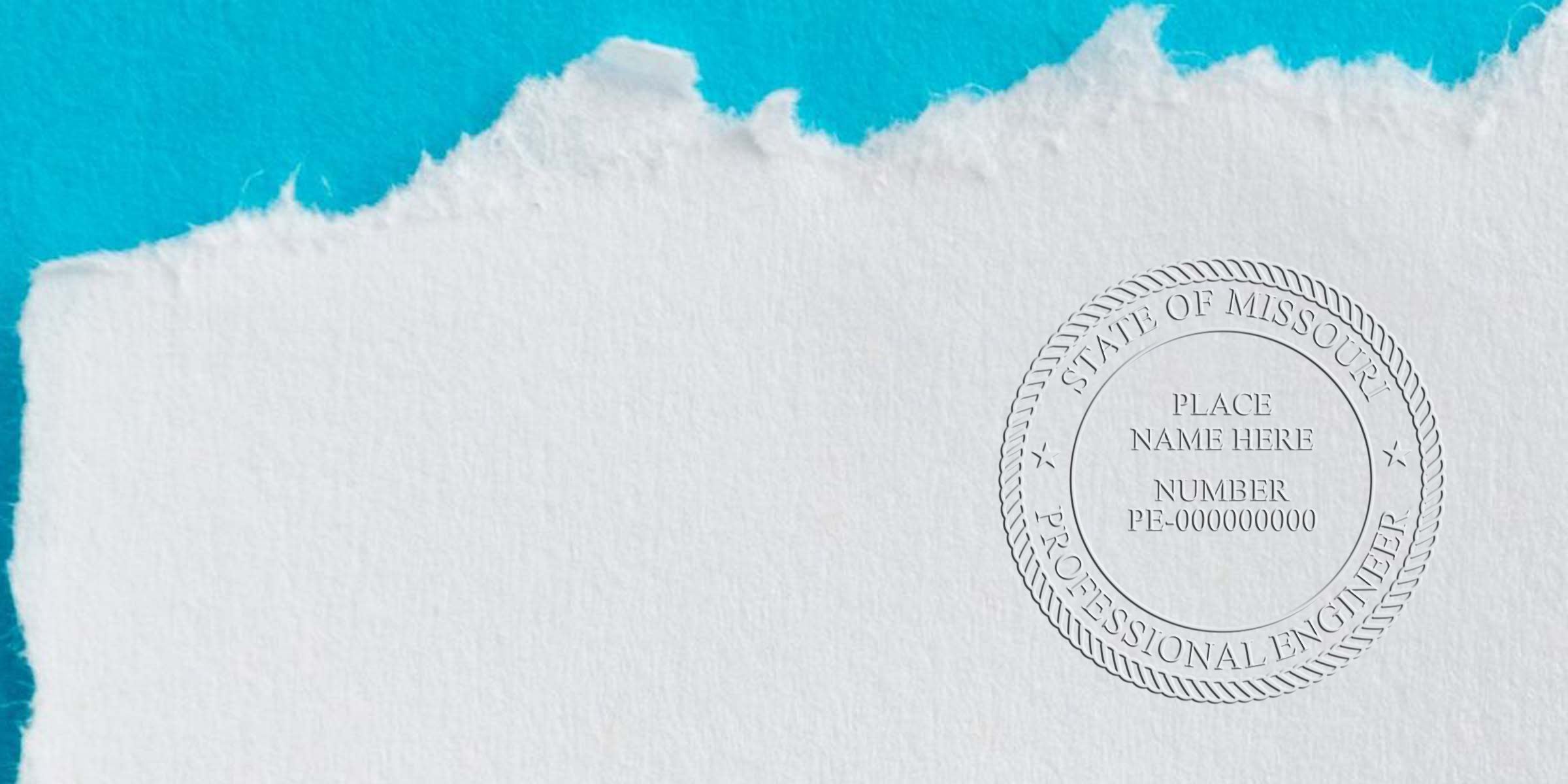 Missouri engineering seal embossed on torn white paper with blue background, meeting professional engineer seal requirements.