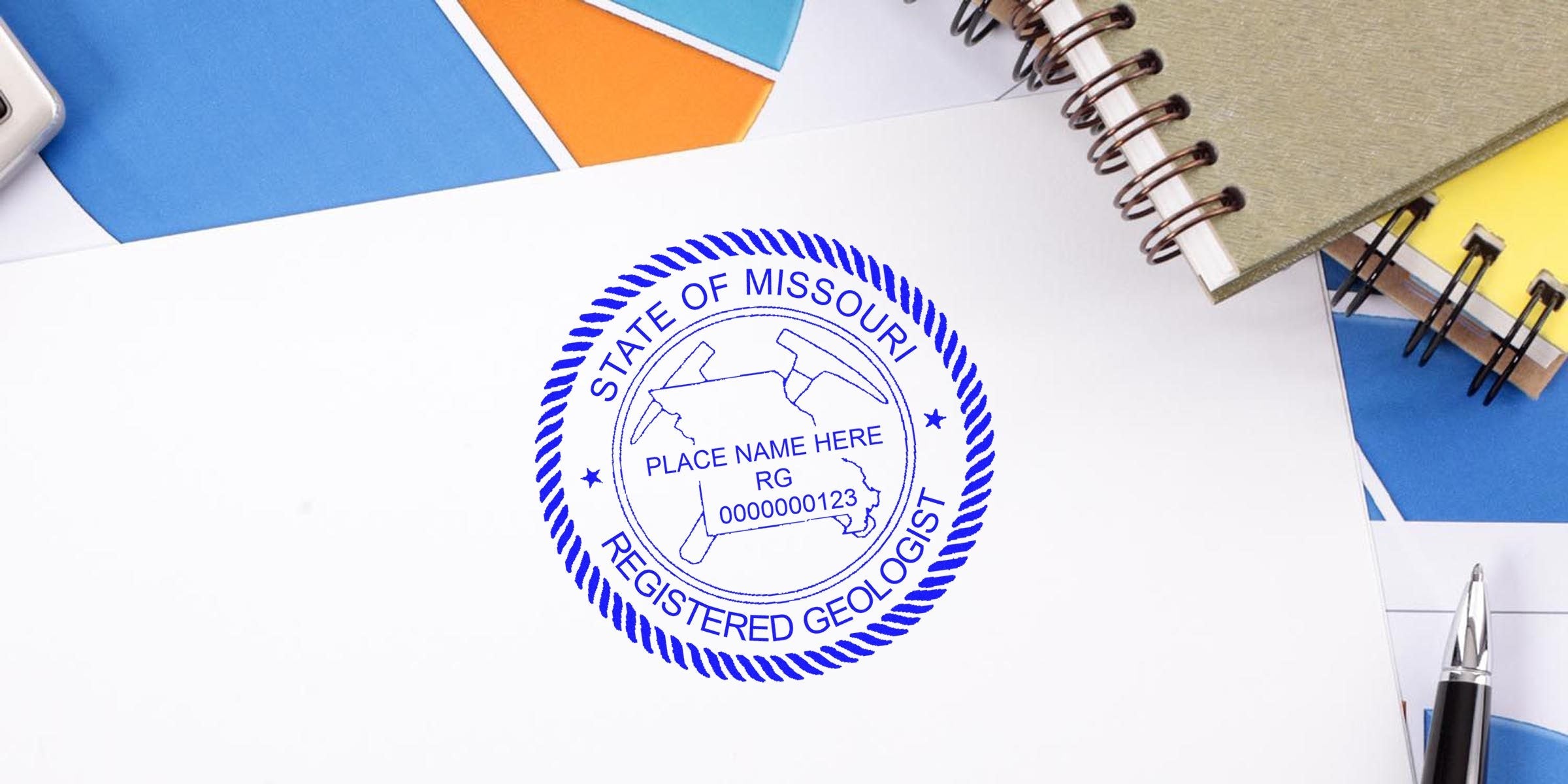 Missouri Professional Geologist Stamp on white paper with office supplies, showing Geologist License Missouri details.