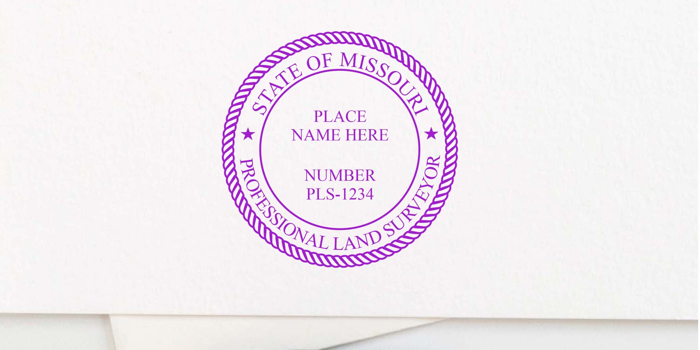 Missouri land surveyor self-inking stamp with space for name and license number PLS-1234.
