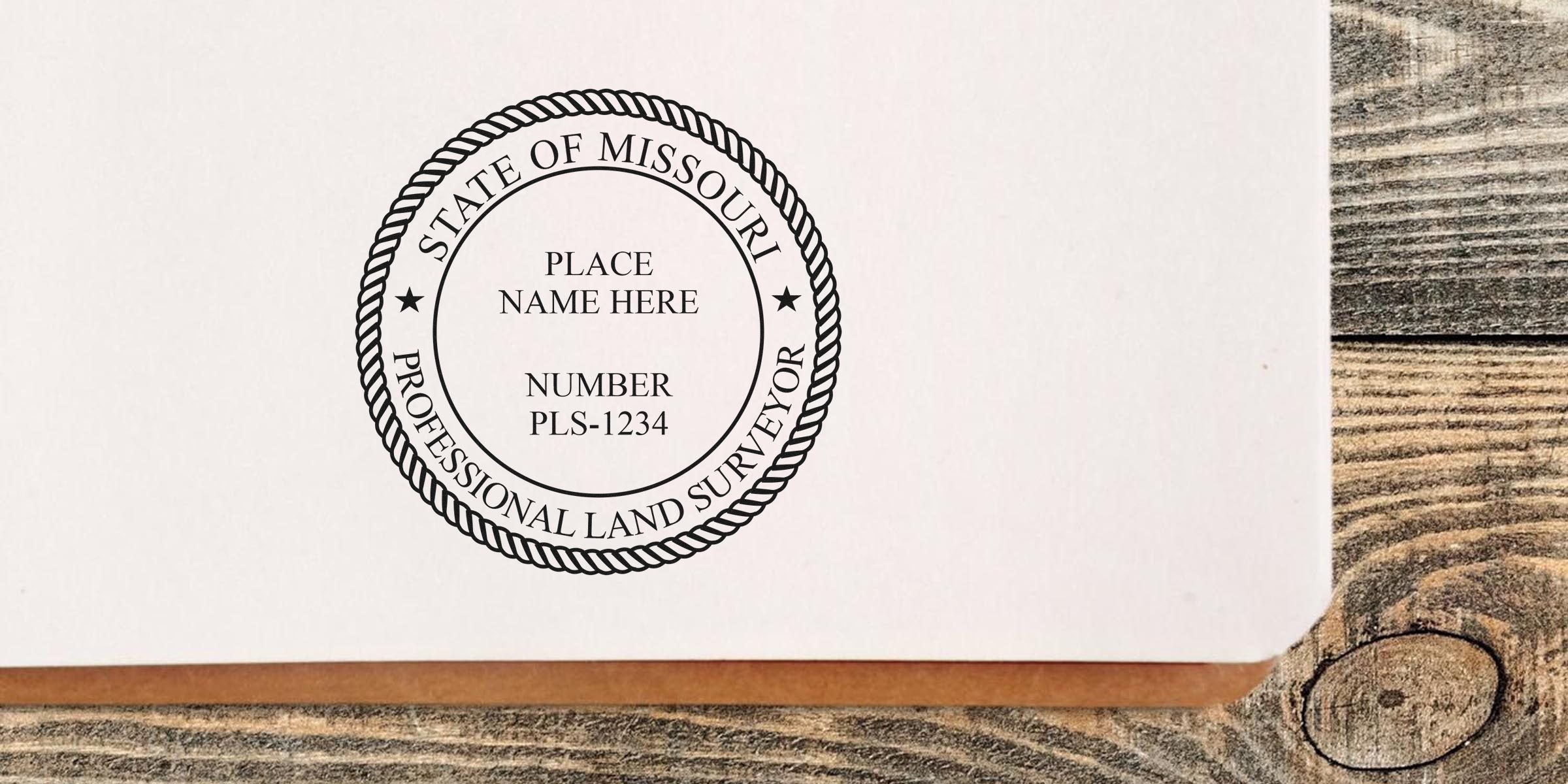 Missouri professional land surveyor seal on a wooden table, highlighting a top choice for precise, reliable land surveying services.