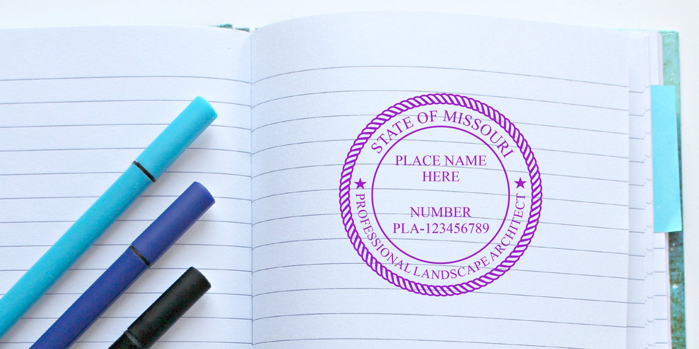 Missouri landscape architect stamp on notebook with colored pens, showing professional seal and online options for landscape architect stamps.