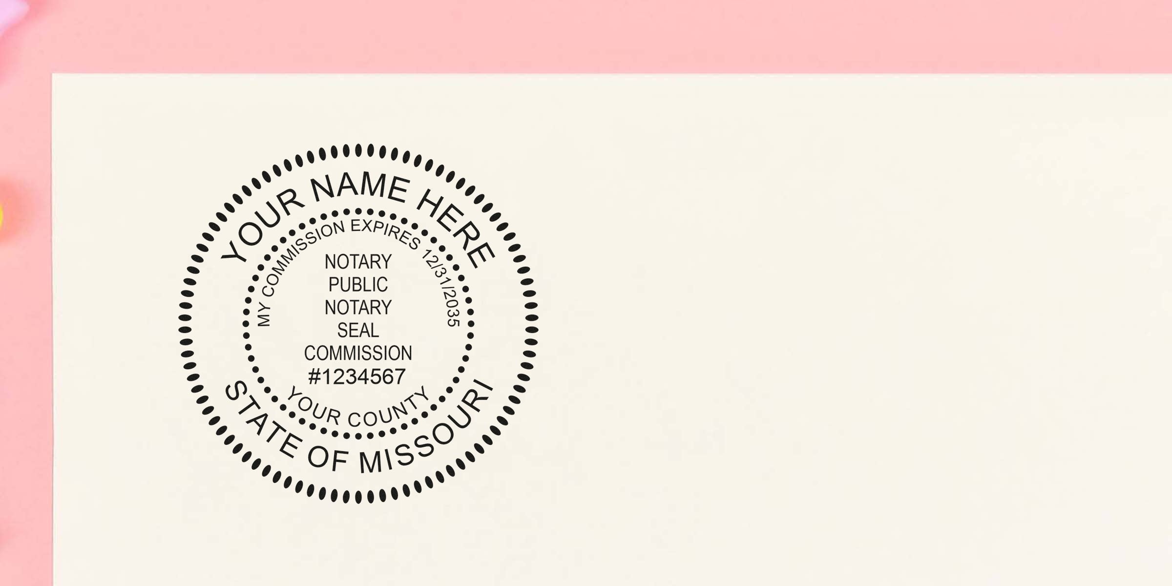 Missouri notary seal on paper showing commission expiration date and county details, highlighting seal expiration and renewal for Missouri notaries.