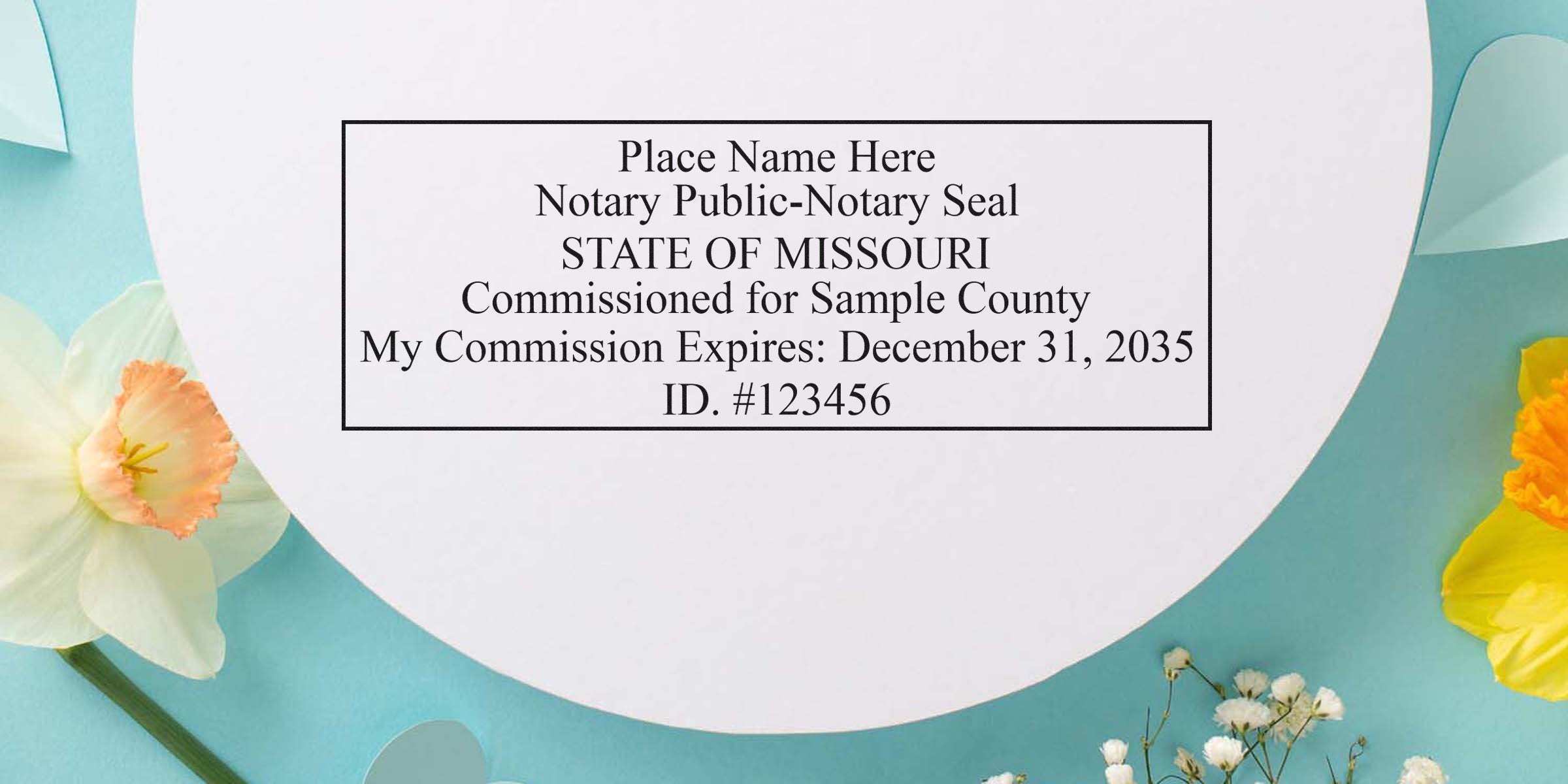Missouri notary public seal sample on county commission certificate with floral design on blue background, showing Notary Seal Missouri and Notary Supplies Missouri.