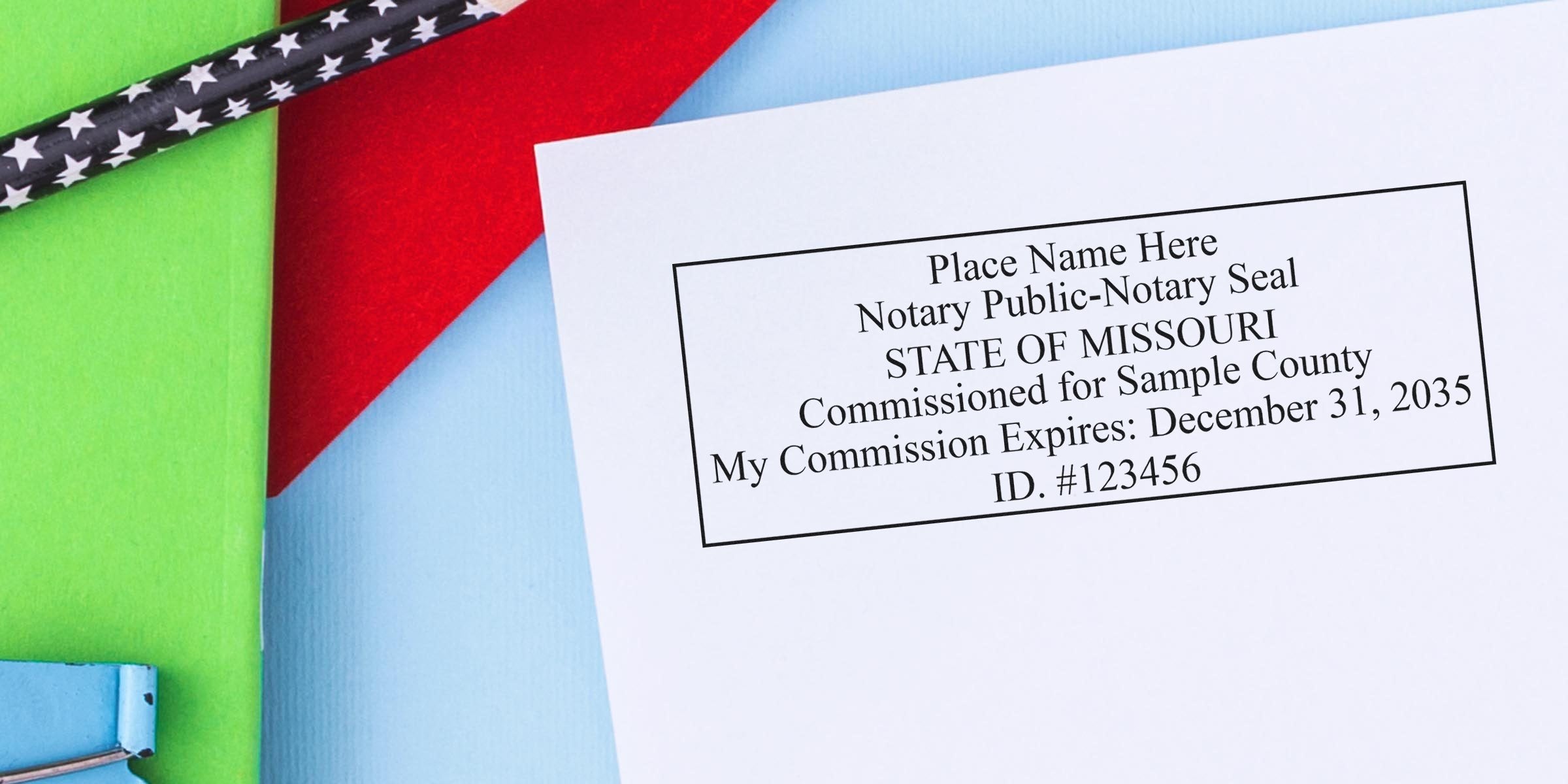 Missouri notary supplies with a notary seal, commission certificate showing expiration date and ID number on a vibrant background, showcasing key notary essentials.
