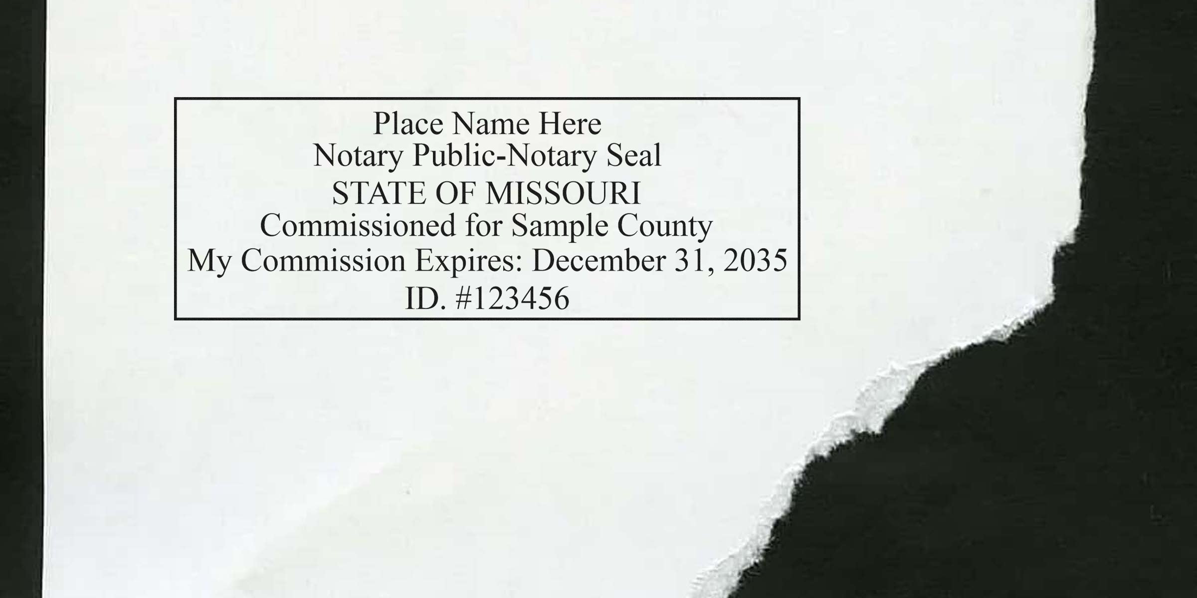 Missouri notary seal and commission certificate with expiration date and ID on torn paper, showcasing affordable Missouri and budget-friendly notary supplies.