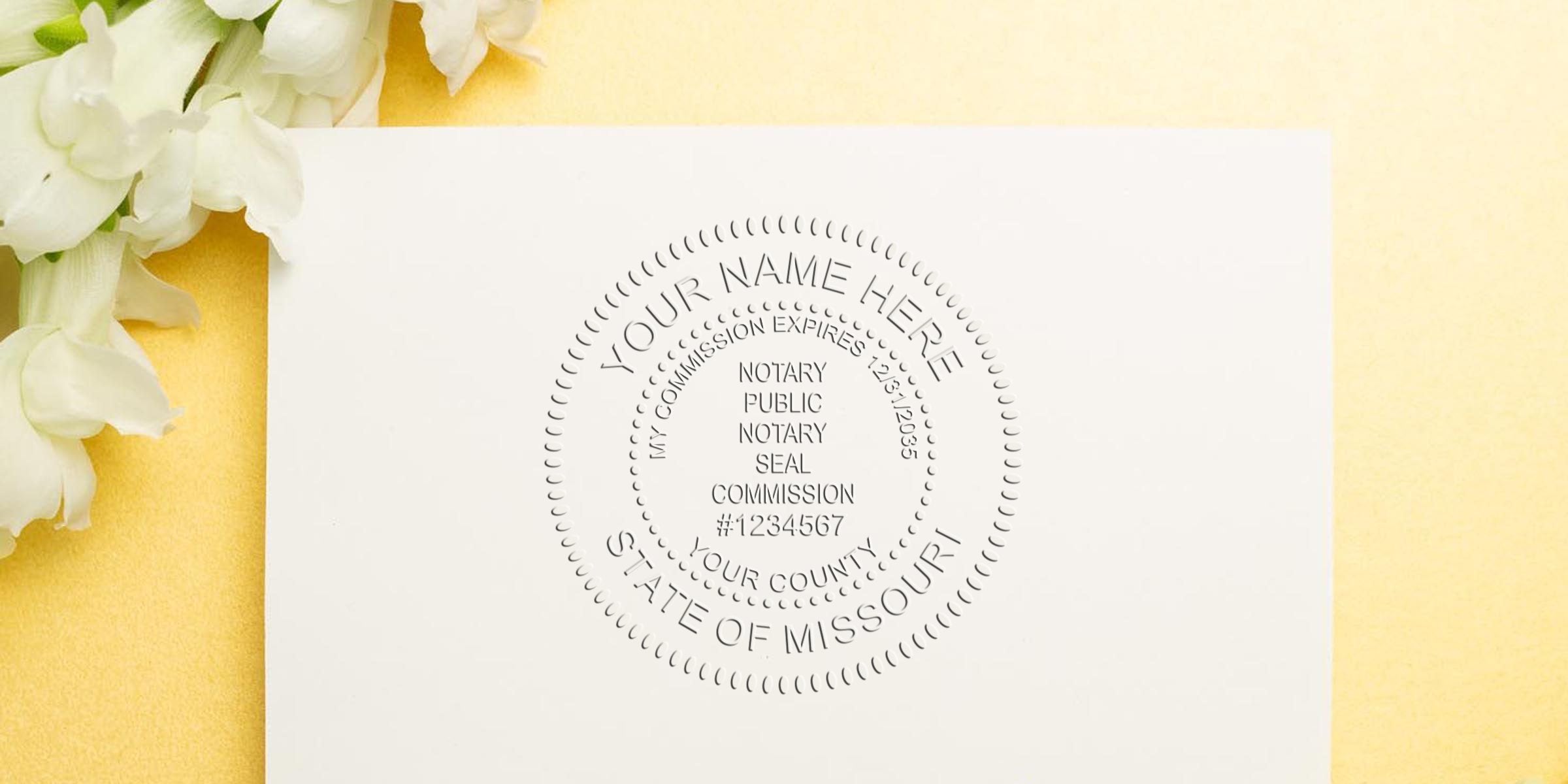 Missouri notary seal embossed on white paper with flowers, official stamp for legal documents.