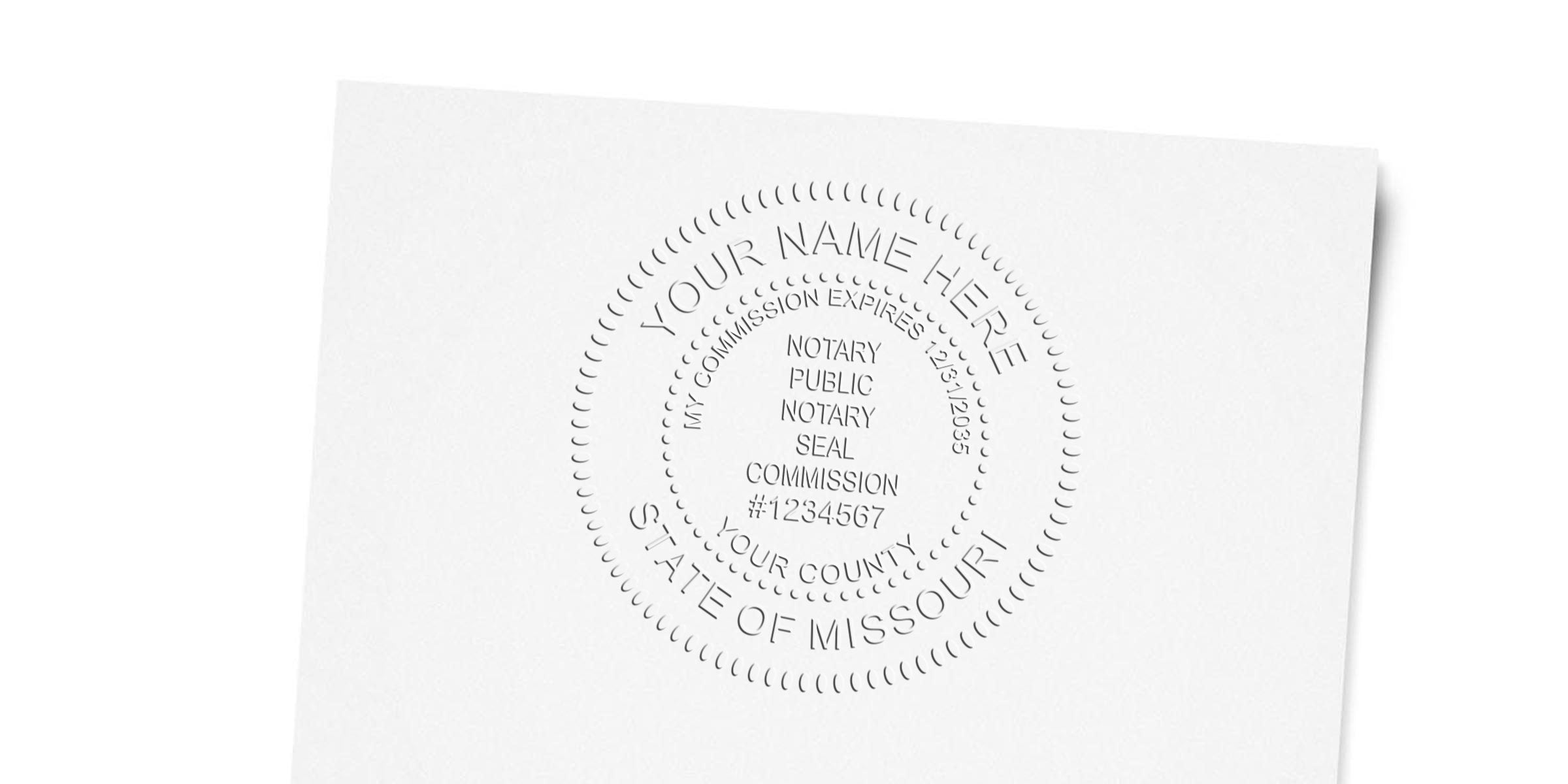 Embossed Missouri notary seal on white paper showing commission expiration and county info, illustrating Missouri notary seal dimensions and size.