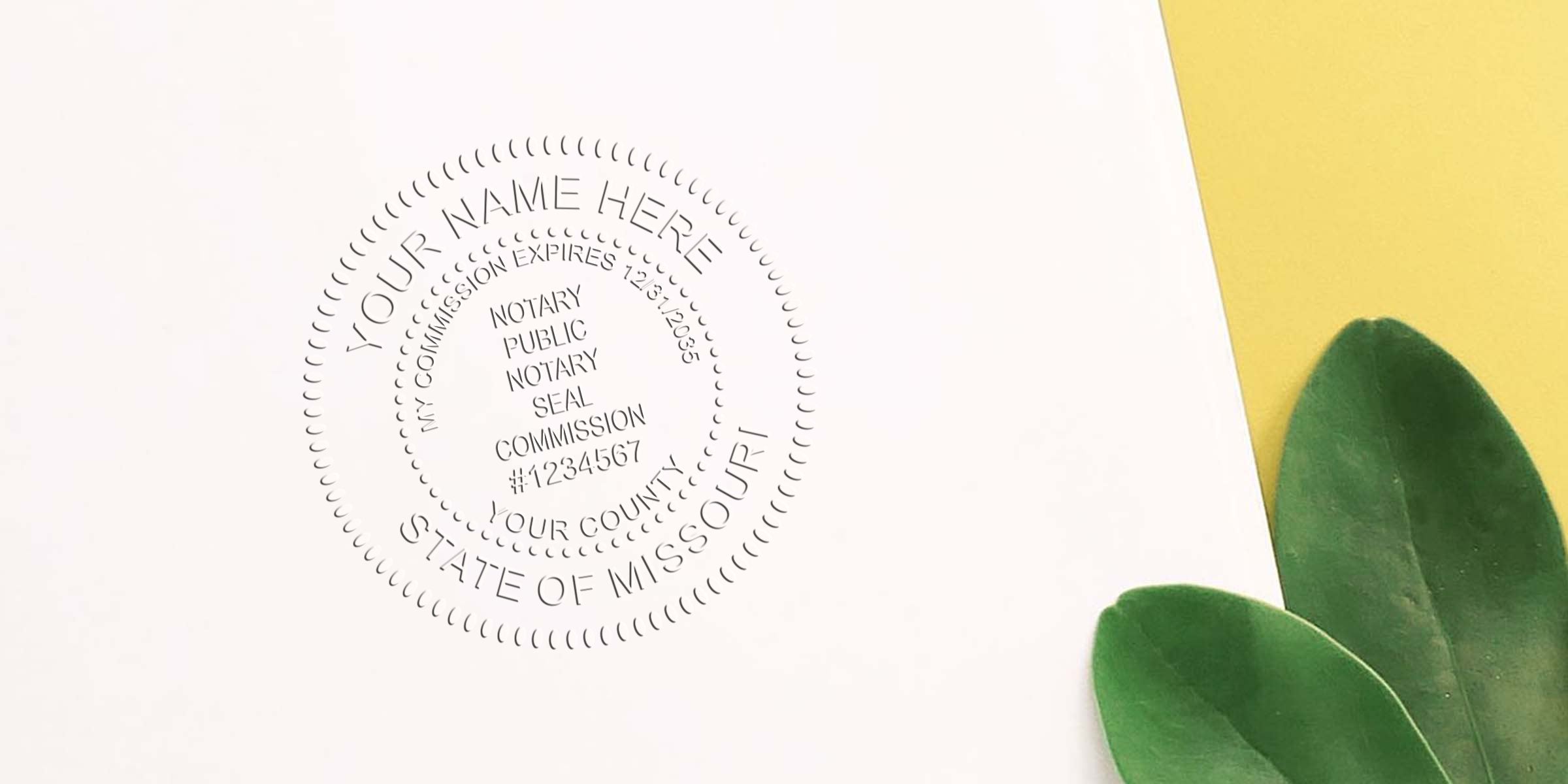 Missary Notary Kit with a notary public seal stamp on white paper, framed by green leaves on a yellow background, highlighting essential Missouri Notary Supplies.