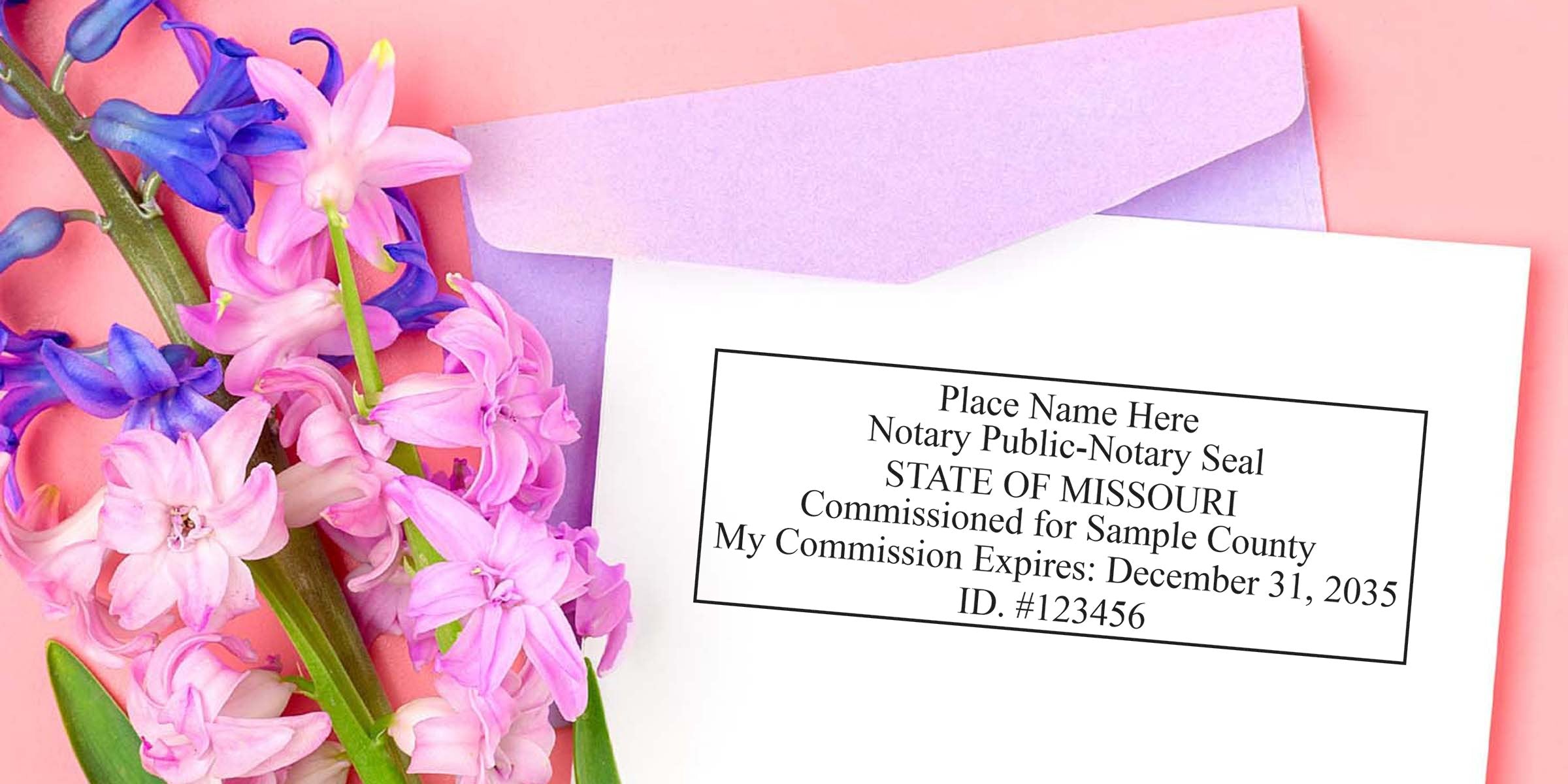 Missouri notary seal surrounded by pink and purple flowers with a pastel envelope on a pink background, symbolizing trusted notary services.