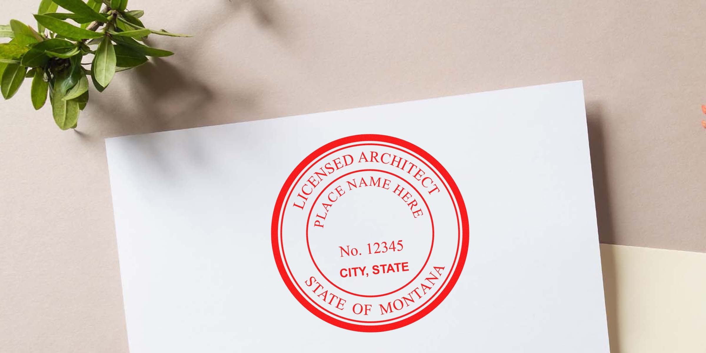 Montana licensed architect stamp on white paper with customizable name, city, and state, meeting Montana architect stamp requirements for custom architect stamps.