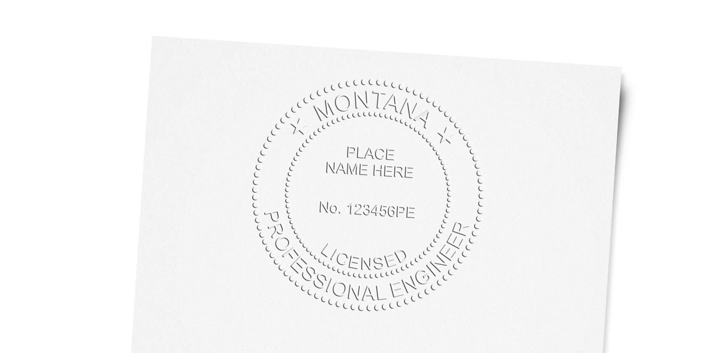 Embossed Montana professional engineer seal on white paper with space for name and license number, compliant with Montana engineer stamp requirements.