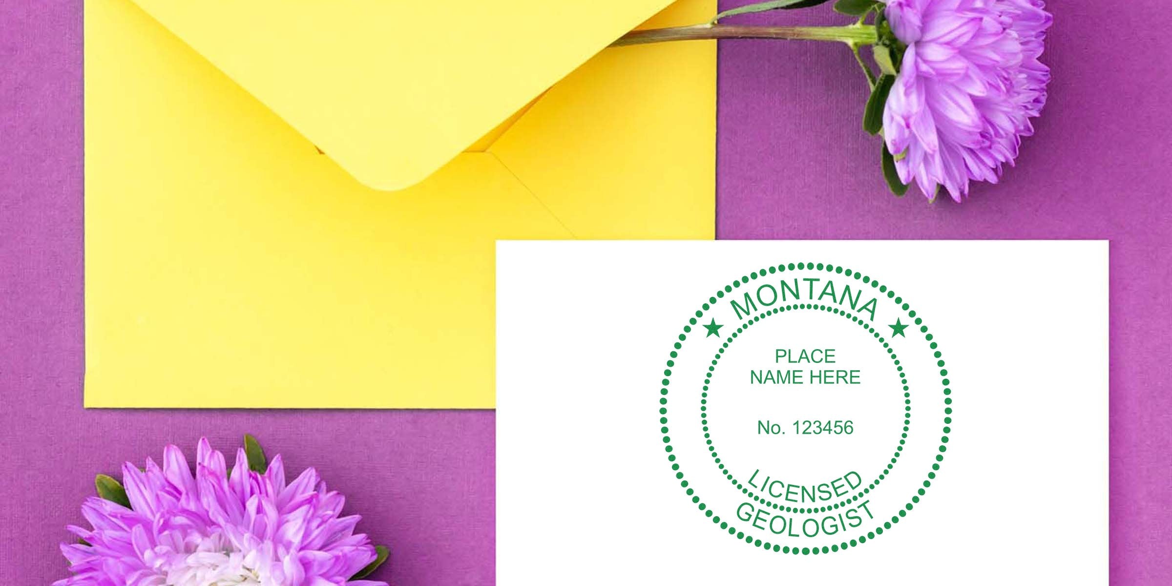 Yellow envelope with Montana licensed geologist stamp on white paper, surrounded by purple flowers on a purple background—ideal for geologist stamp auctions and collecting checklists.