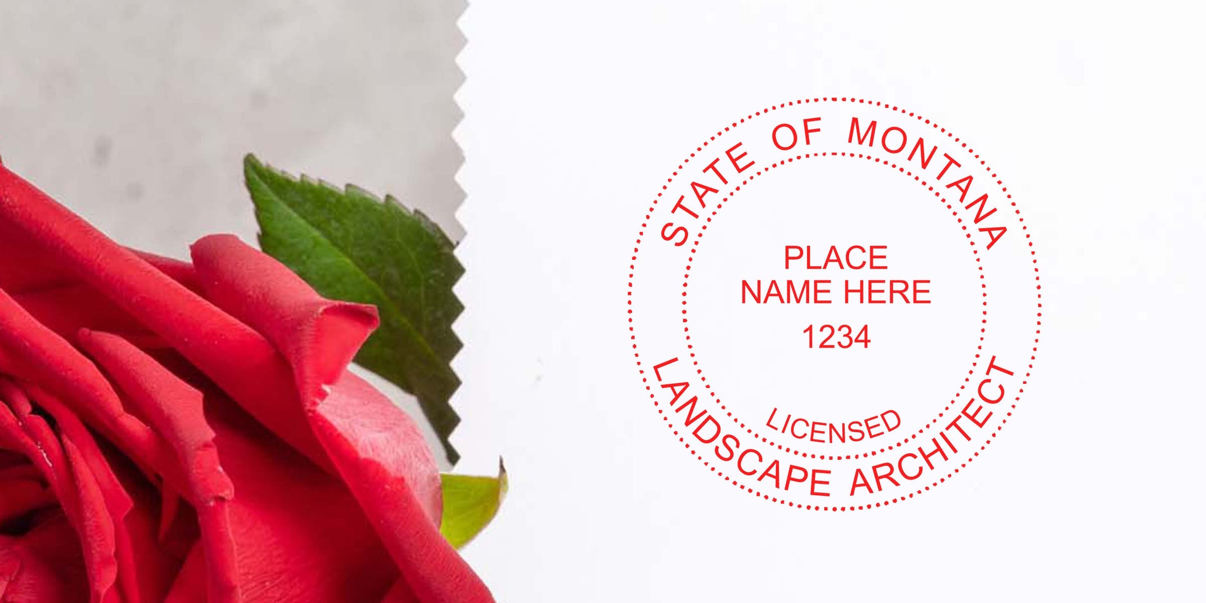 Red rose with green leaf next to Montana landscape architect stamp on white background, symbolizing Montana landscape design.