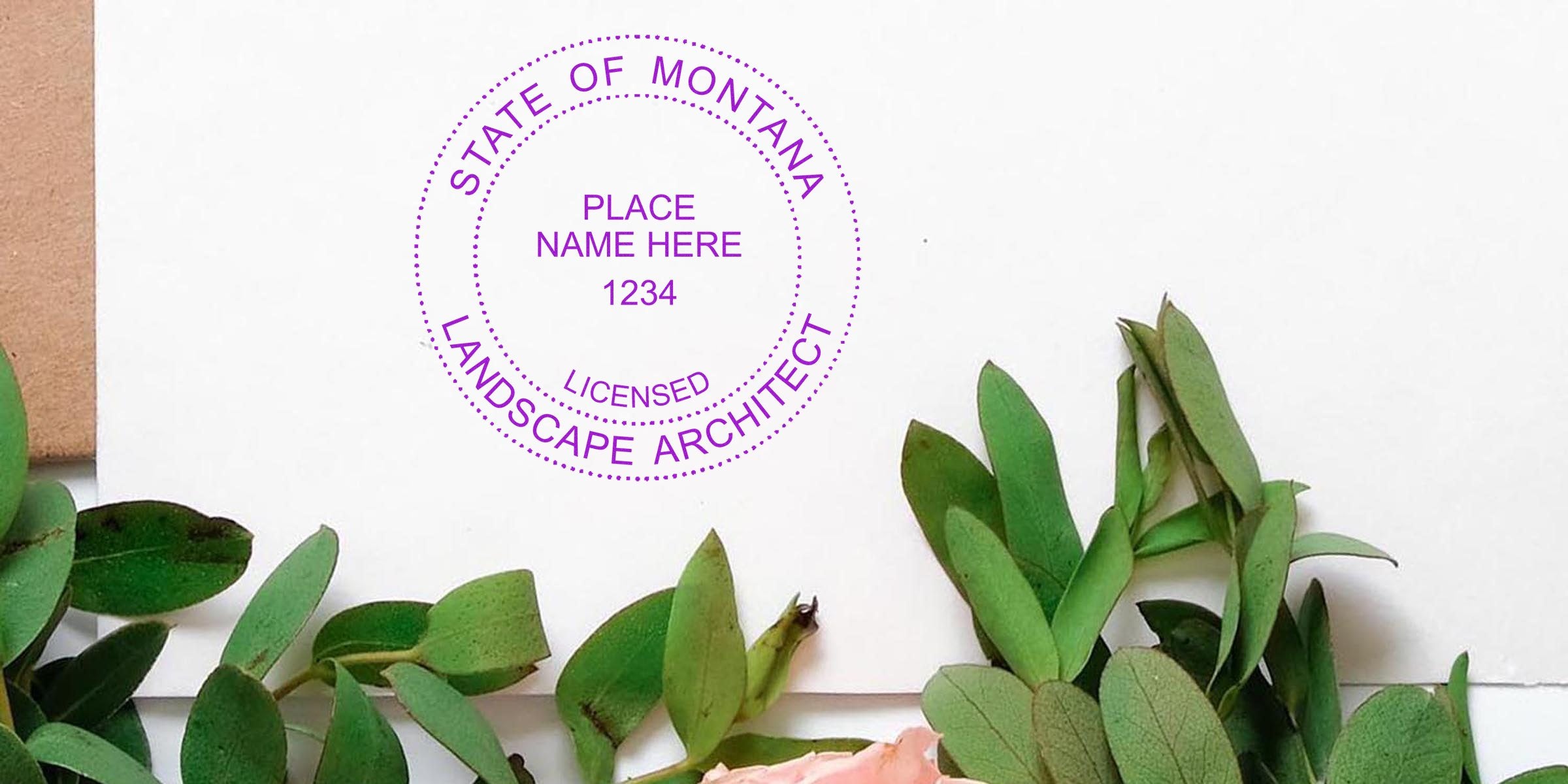 Montana landscape architect stamp on white paper, decorated with green leaves and pink flowers, indicating compliance with Montana landscape architect regulations.