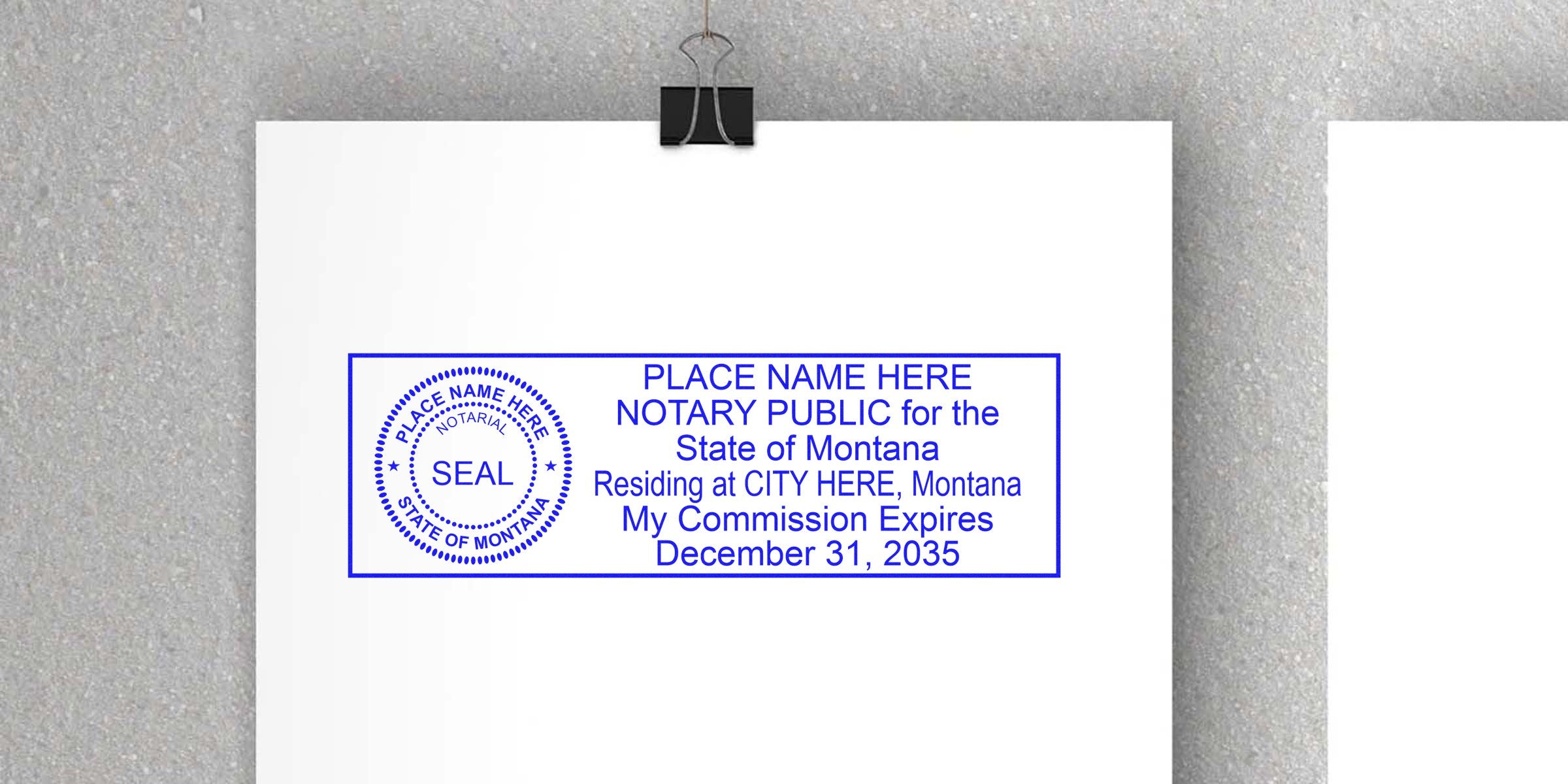 Montana notary public seal and commission certificate expire Dec 31, 2035, with Montana notary stamp and self-inking notary stamp.