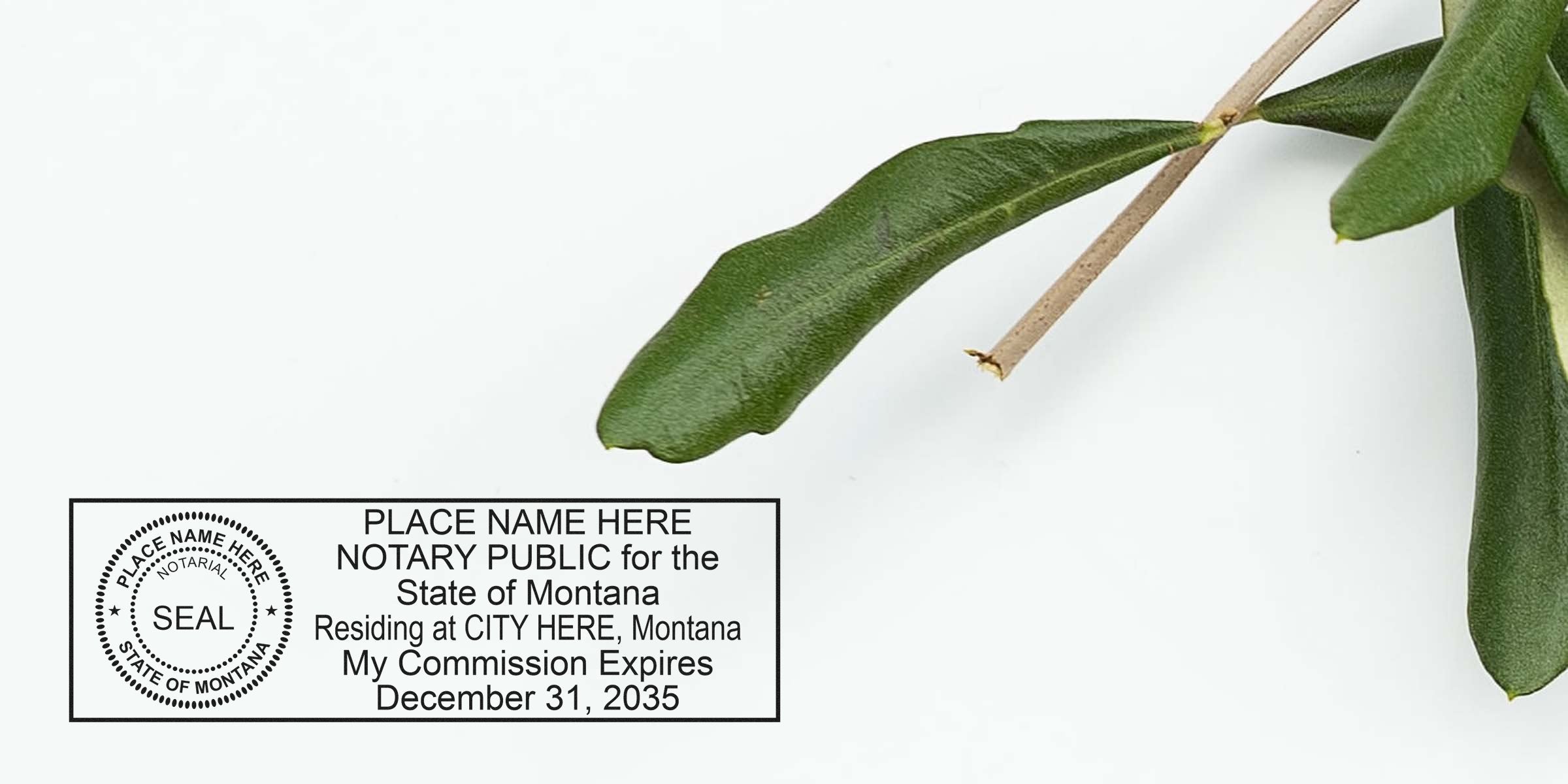 Montana notary seal with commission expiry date, framed by green leaves on white, highlighting MT notary supplies and organization tips.