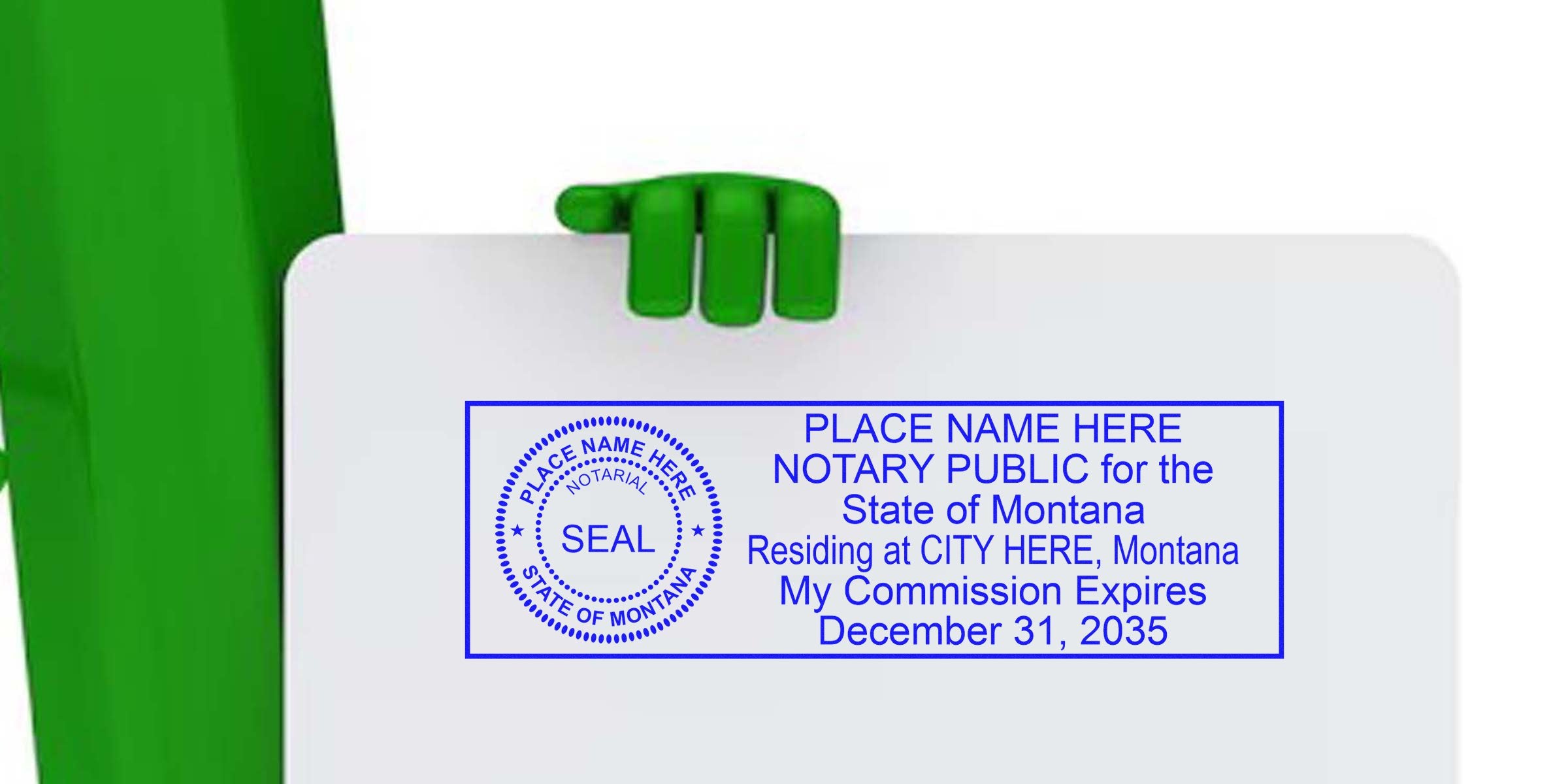 Montana notary seal stamp with commission expiration on white card held by green hand, showing Notary Seal Montana and Buying Notary Seal Tips.